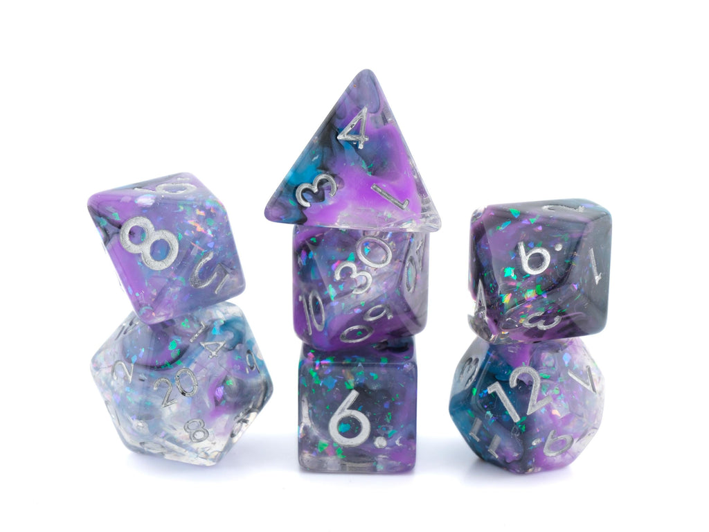 Galactic Vapor Resin DnD Dice Set: 7-Piece Glitter RPG Dice