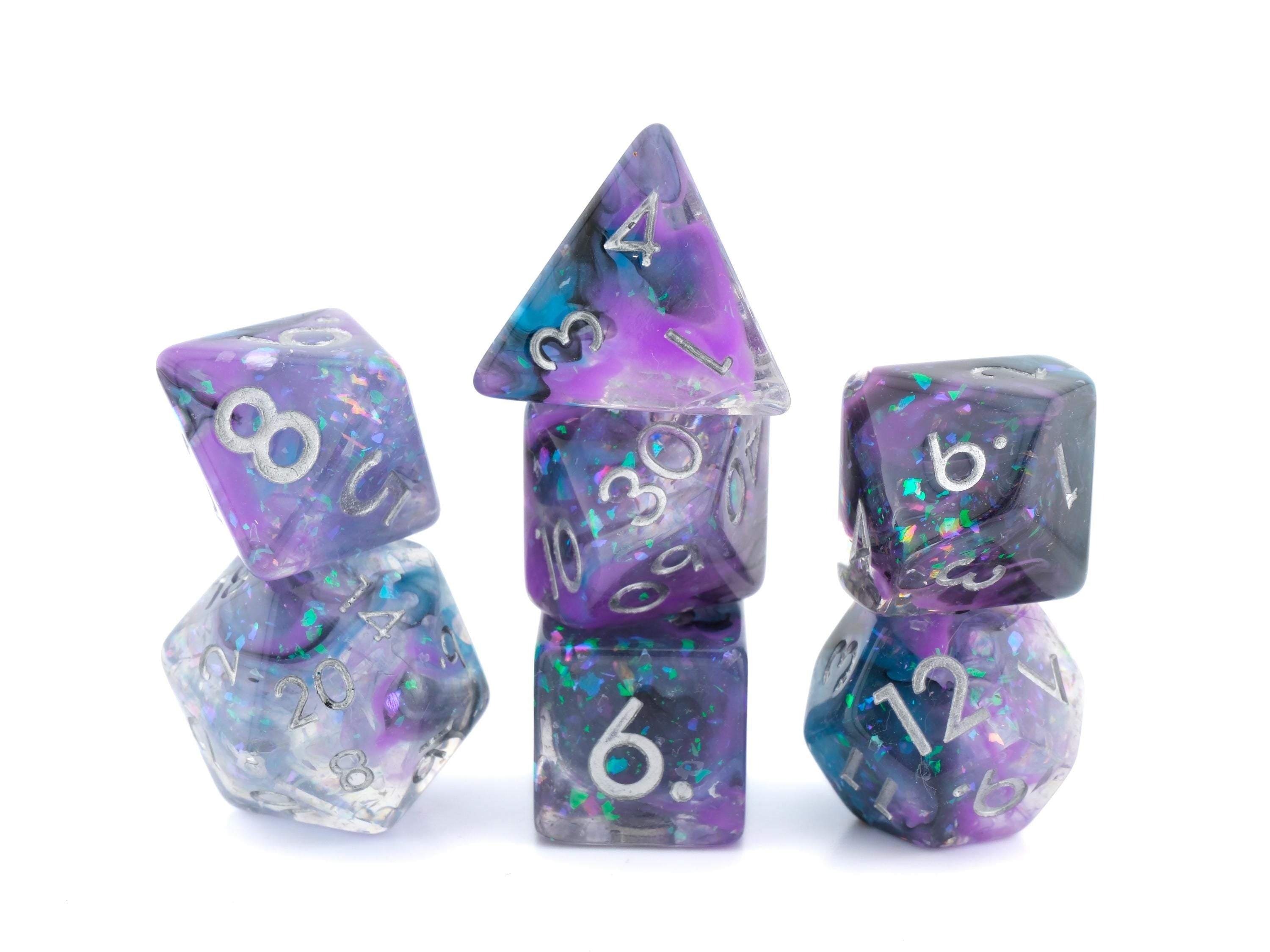 Galactic Vapor Resin DnD Dice Set: 7-Piece Glitter RPG Dice