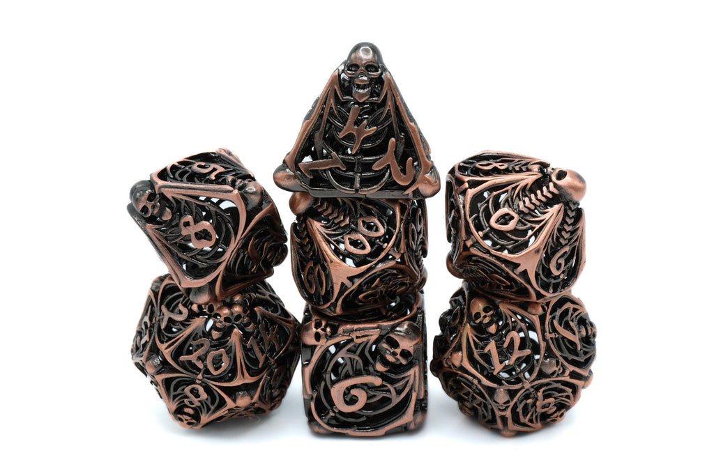 Skull and Bones Hollow Metal DnD Dice Set: 7 Piece Skeleton RPG Dice