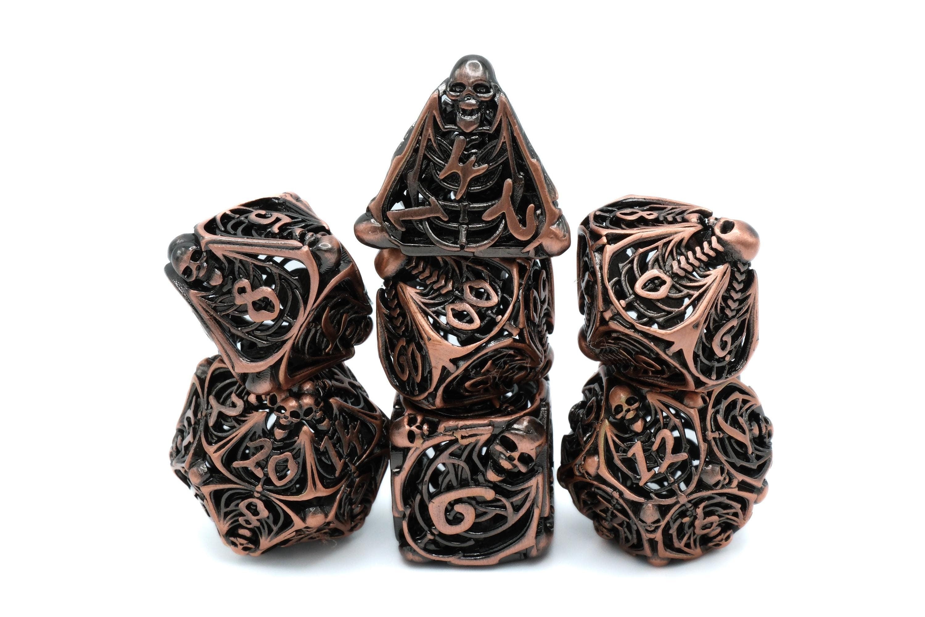 Skull and Bones Hollow Metal DnD Dice Set: 7 Piece Skeleton RPG Dice
