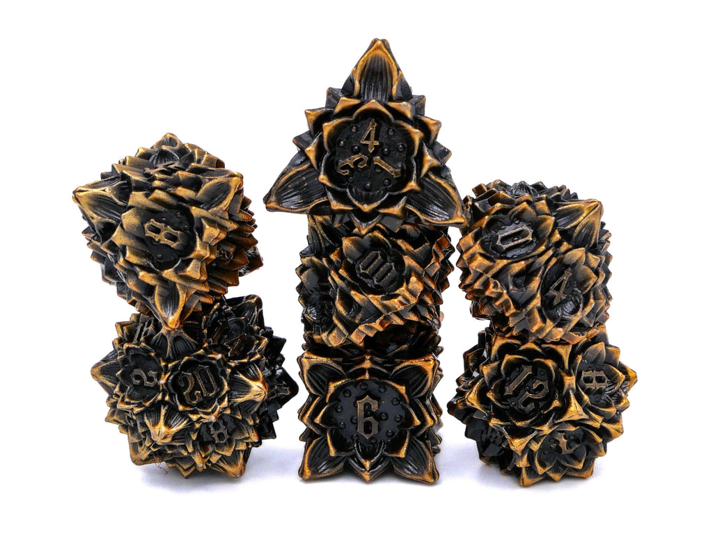 Blooming Flower Metal DnD Dice Set: 7 Piece Plant RPG Dice