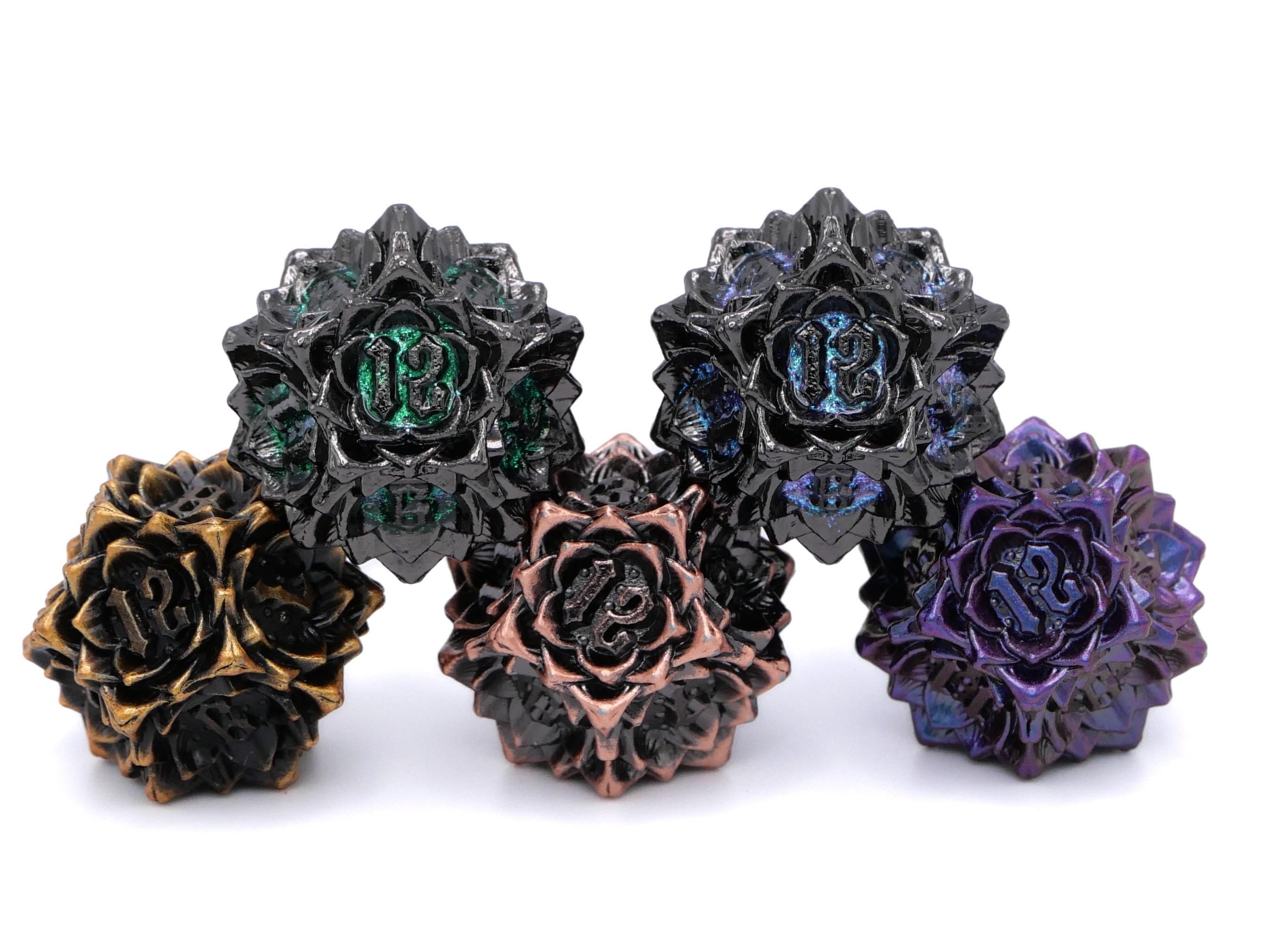 Blooming Flower Metal DnD Dice Set: 7 Piece Plant RPG Dice