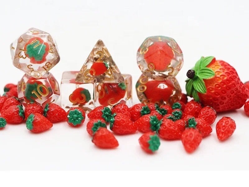 Strawberry Resin DnD Dice Set: 7 Piece Fruit RPG Dice