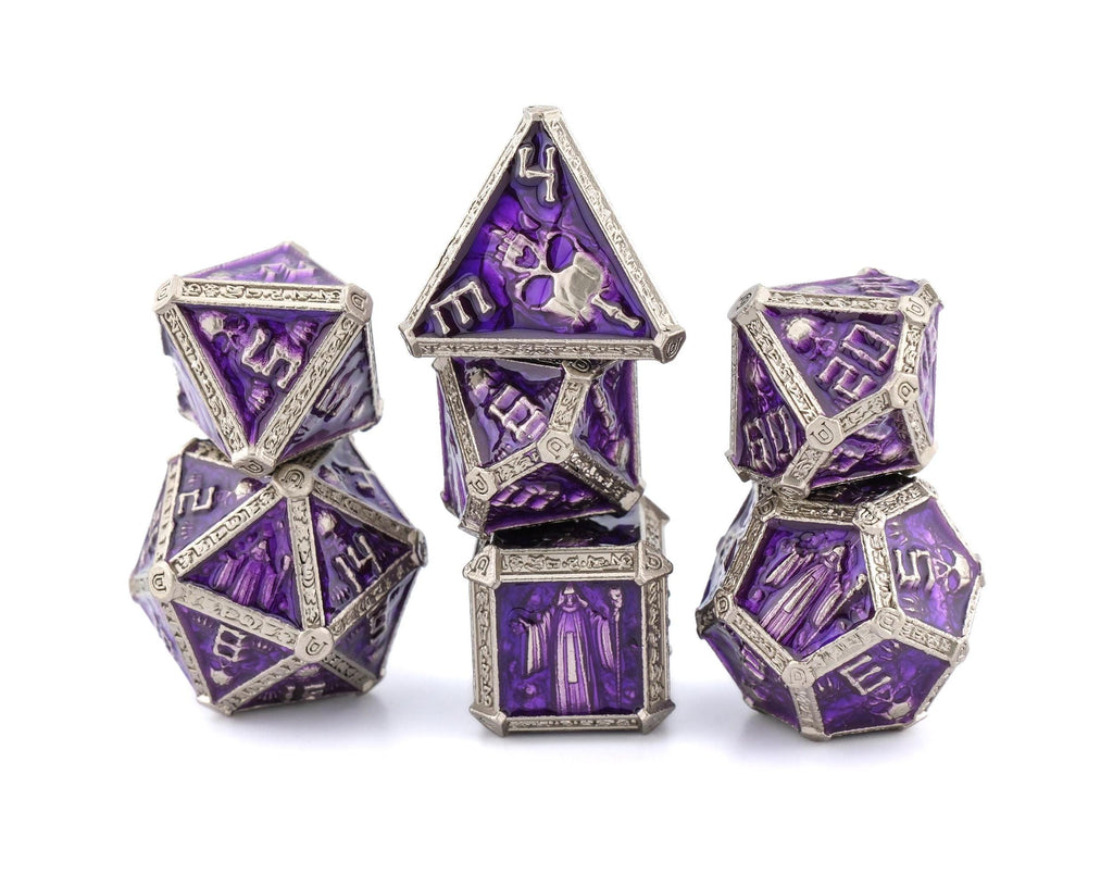 Cleric Metal DnD Dice Set: 7 Piece Skulls and Holy Symbols RPG Dice