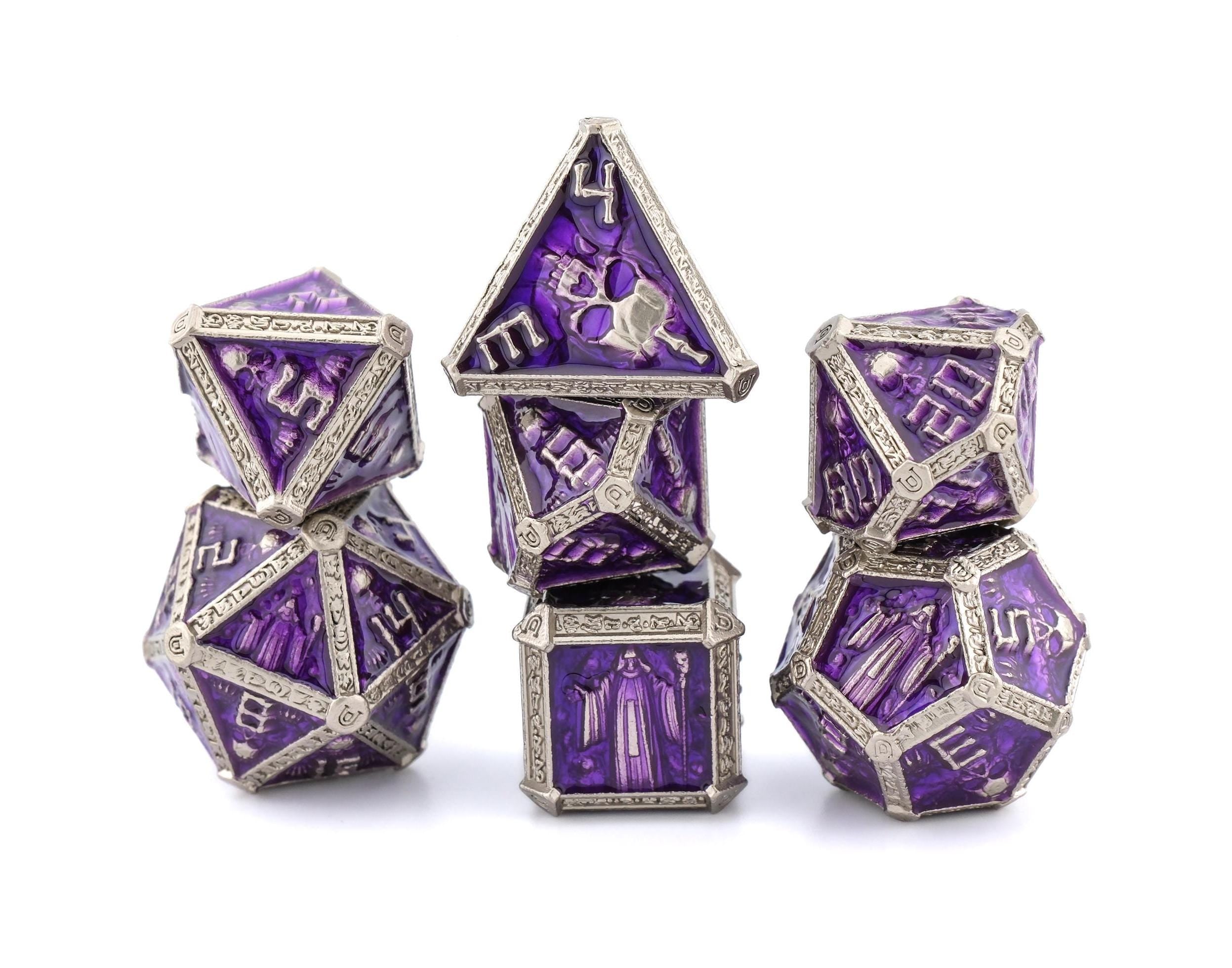 Cleric Metal DnD Dice Set: 7 Piece Skulls and Holy Symbols RPG Dice