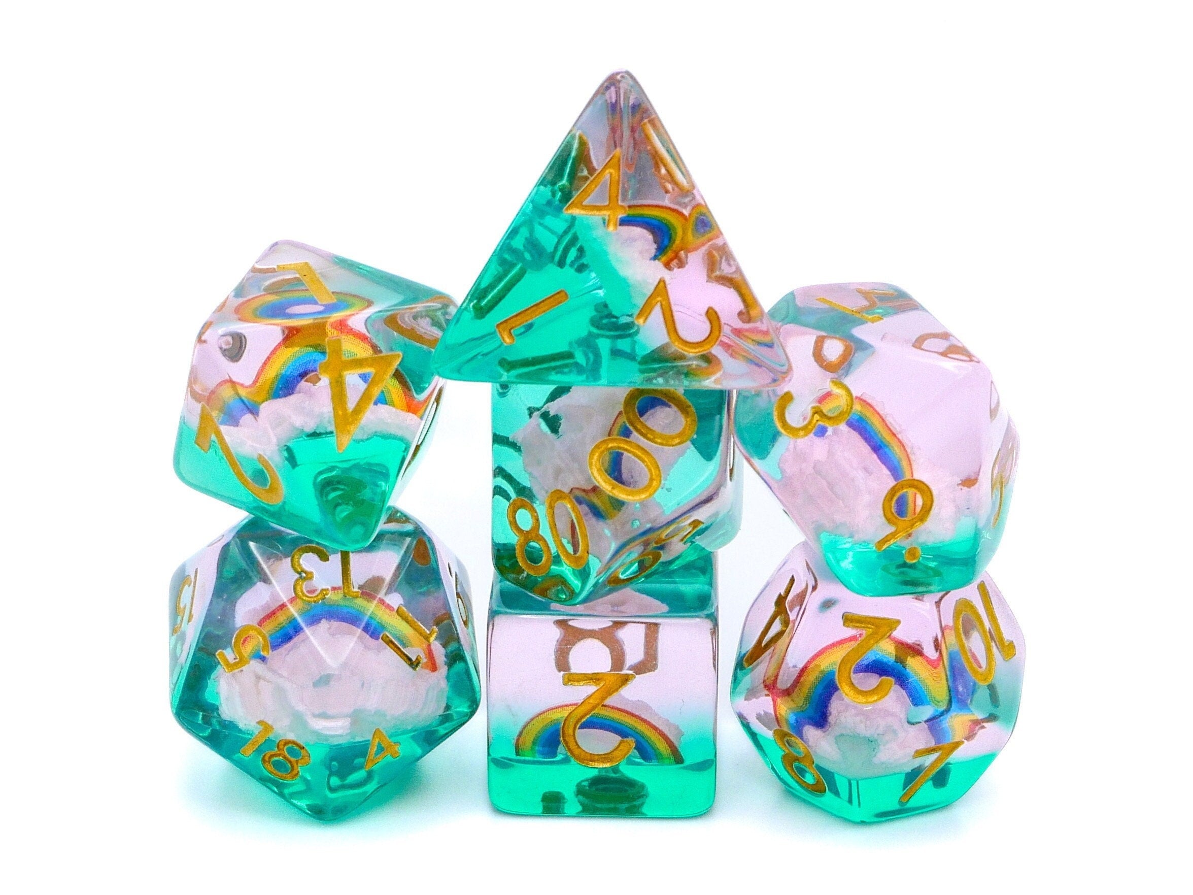 Rainbow Cloud Resin DnD Dice Set: 7 Piece RPG Dice