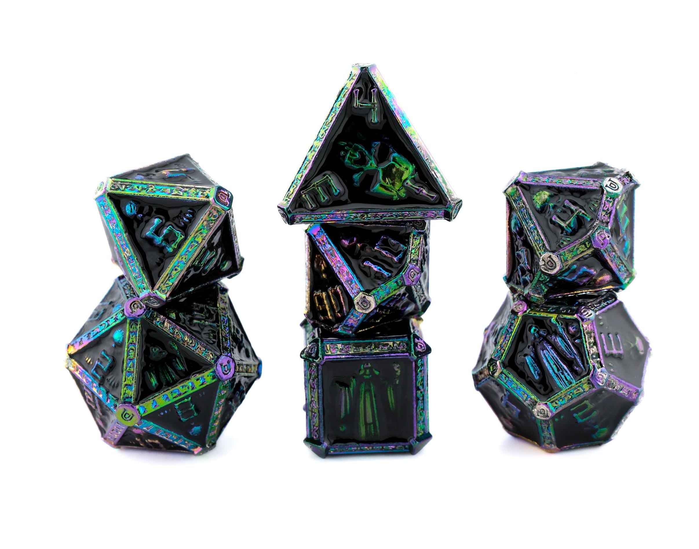 Cleric Metal DnD Dice Set: 7 Piece Skulls and Holy Symbols RPG Dice