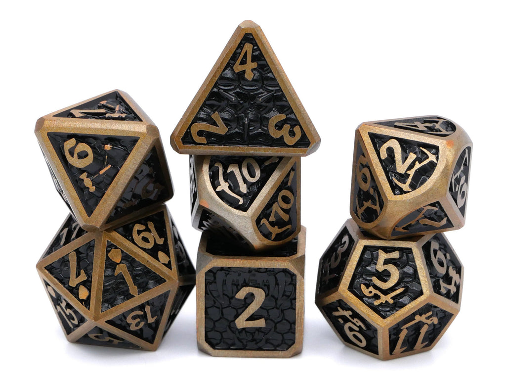 Dragon Forge Metal DnD Dice | 7 Piece RPG Dice Set | Dragon Teeth | Helm and Shield | Dungeons and Dragons | TTRPG | Gamer Gift