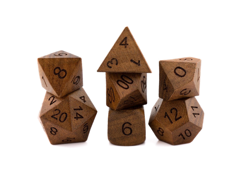 Teak Wood DnD Dice Set: 7 Piece Engraved Numbers RPG Dice