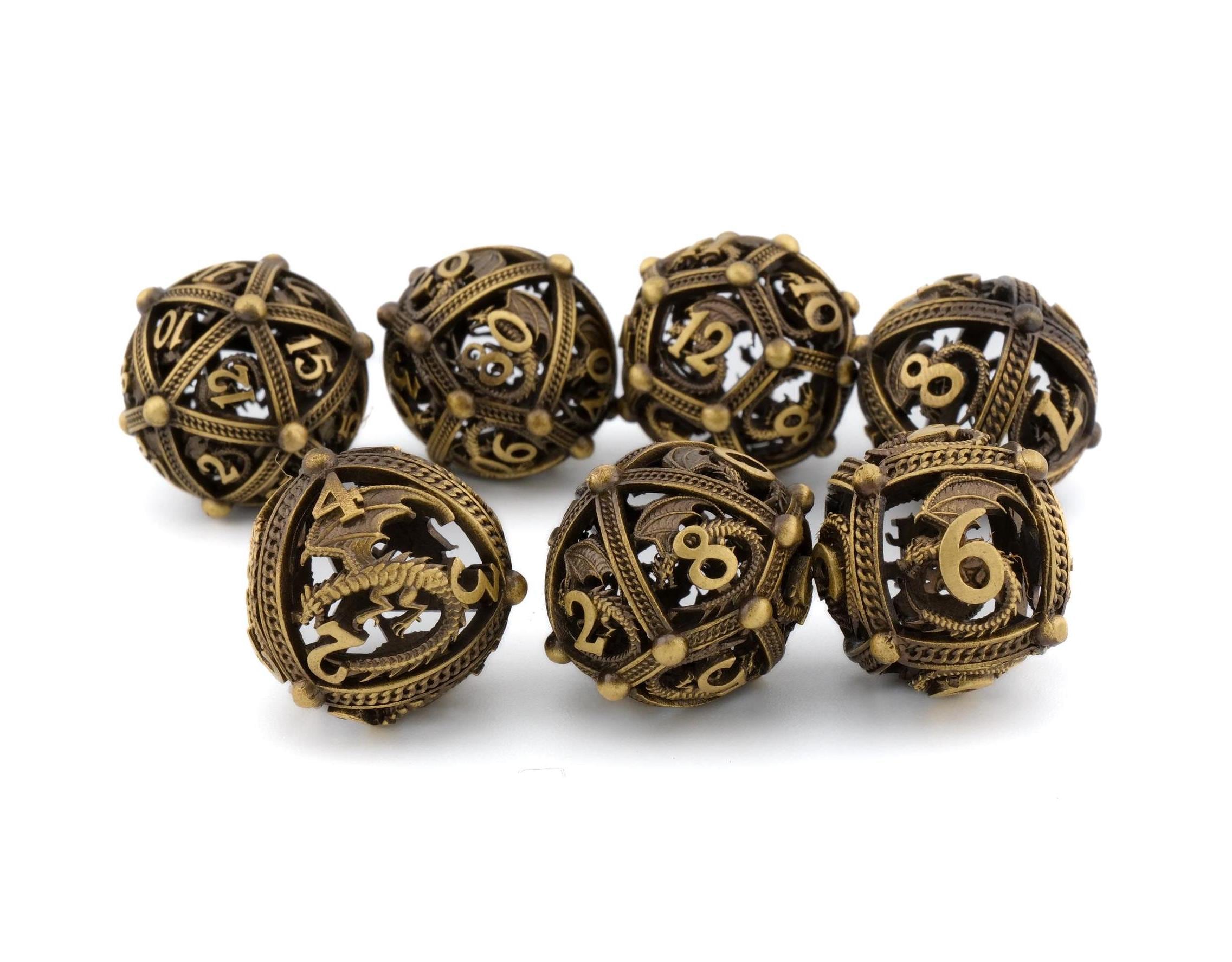Round Dragon Hollow Metal DnD Dice Set: 7 Piece Orb RPG Dice