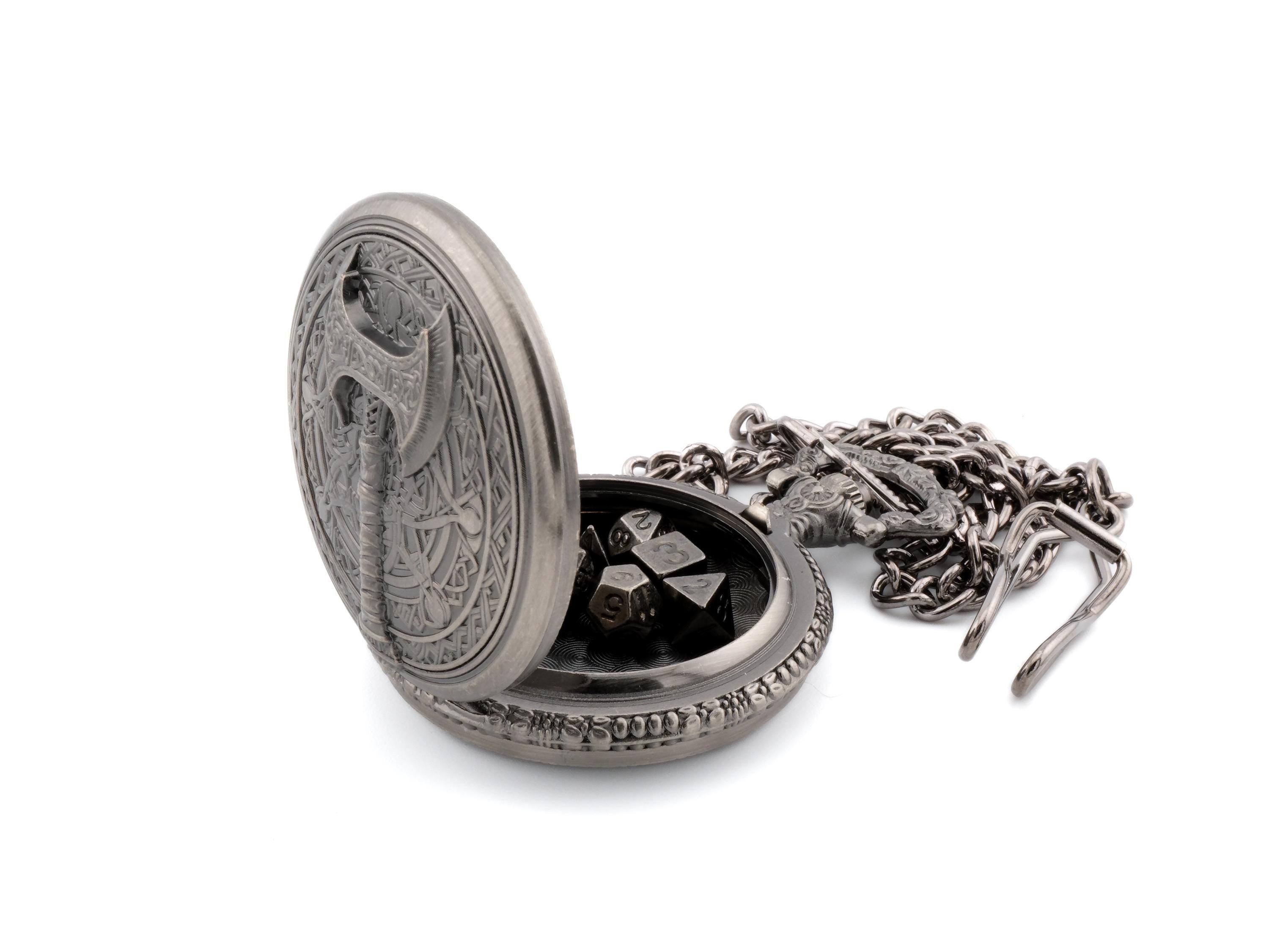 Battle Axe Pocket Watch DnD Dice Set: Mini Metal RPG Dice