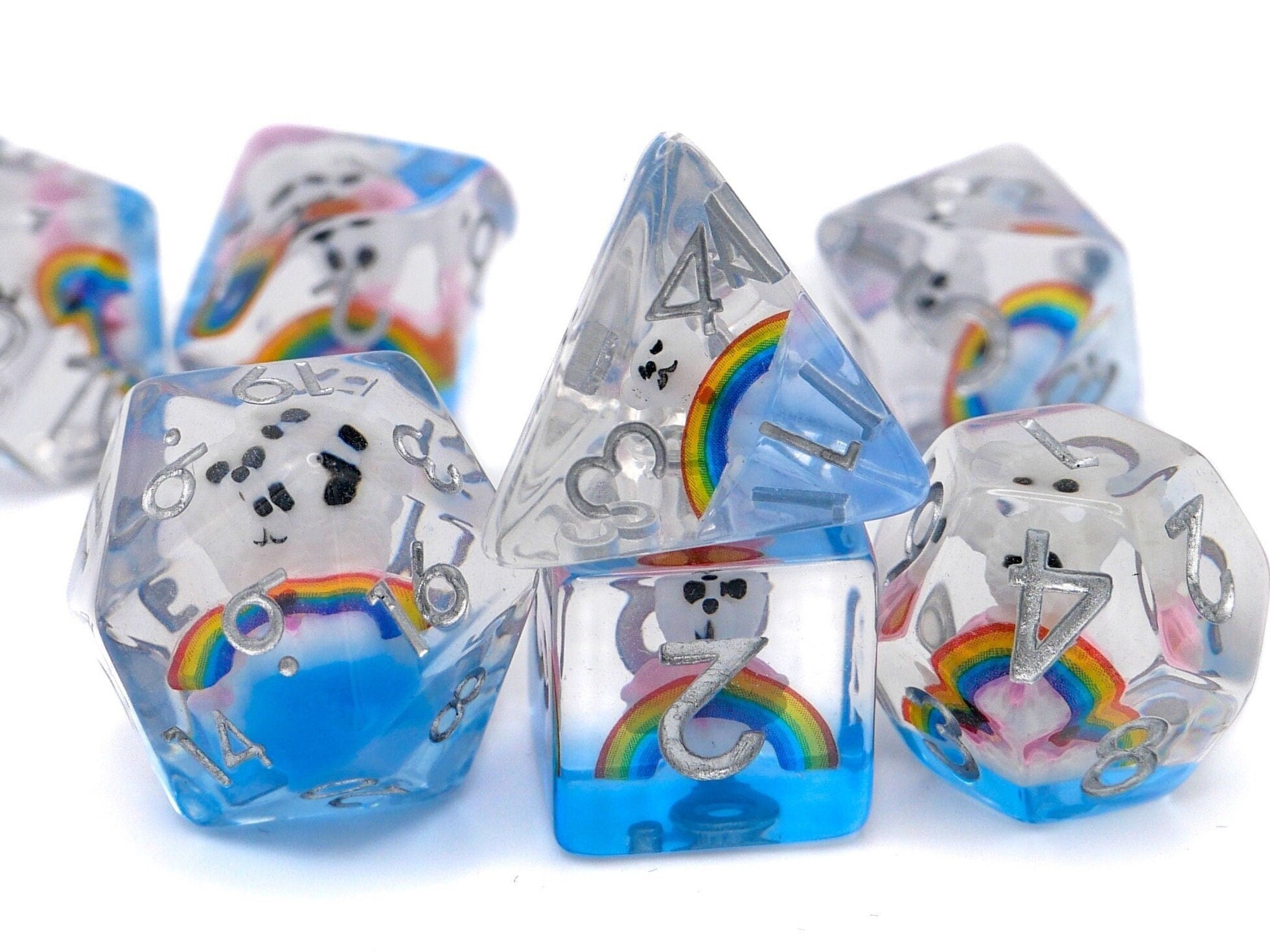 Rainbow Bear DnD Dice Set | 7 Piece Resin RPG Dice | Colorful Cute Teddy Bear | Rainbow Dice | Dungeons & Dragons | Nerdy Gamer Gift