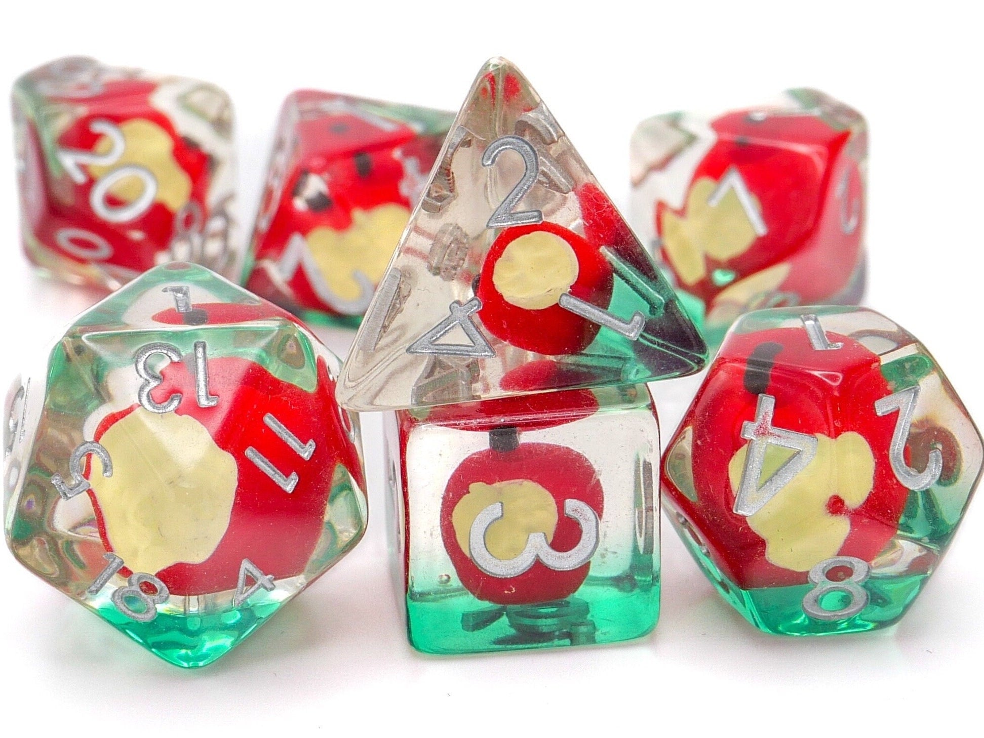 Apple Resin DnD Dice Set: 7 Piece Bitten Fruit RPG Dice