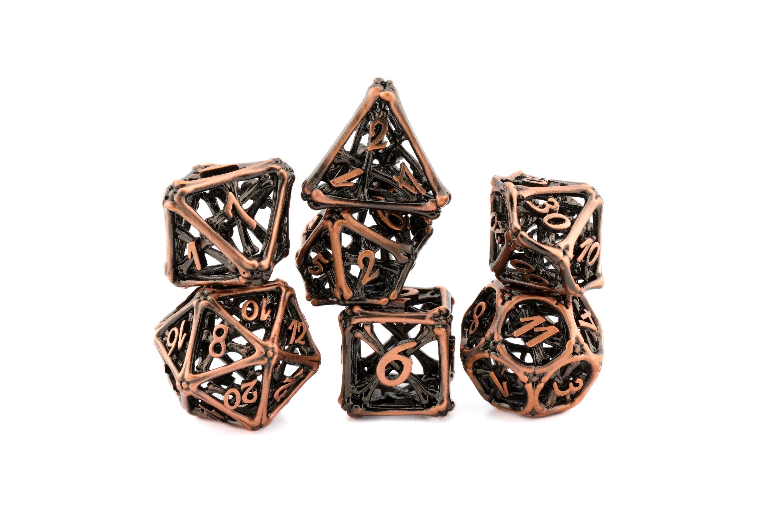Graveyard Bones Metal Hollow DnD Dice Set: 7 Piece Skeletal Themed RPG Dice