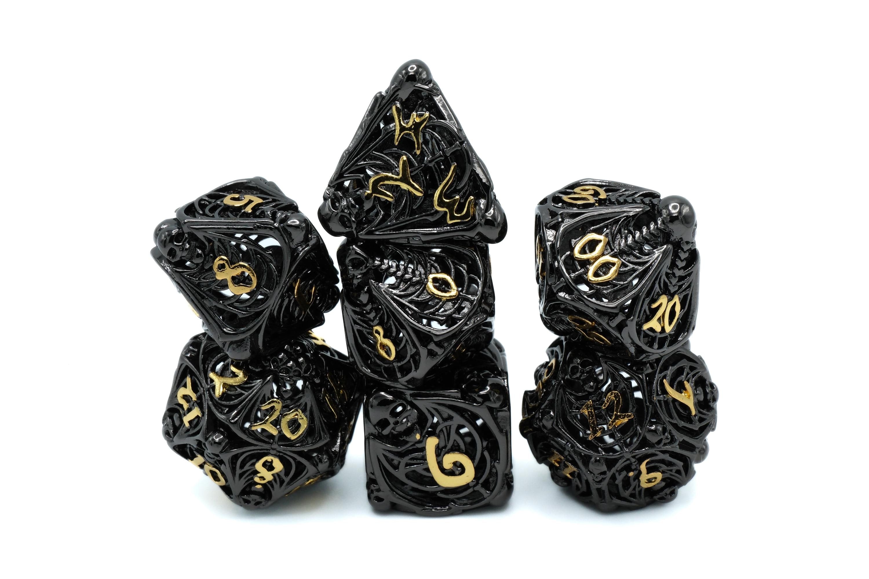 Skull and Bones Hollow Metal DnD Dice Set: 7 Piece Skeleton RPG Dice