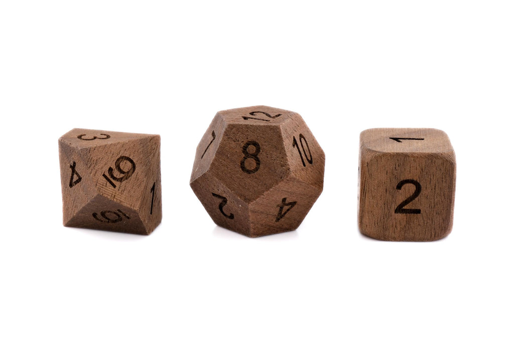 Black Walnut Wood DnD Dice Set: 7 Piece Engraved RPG Dice