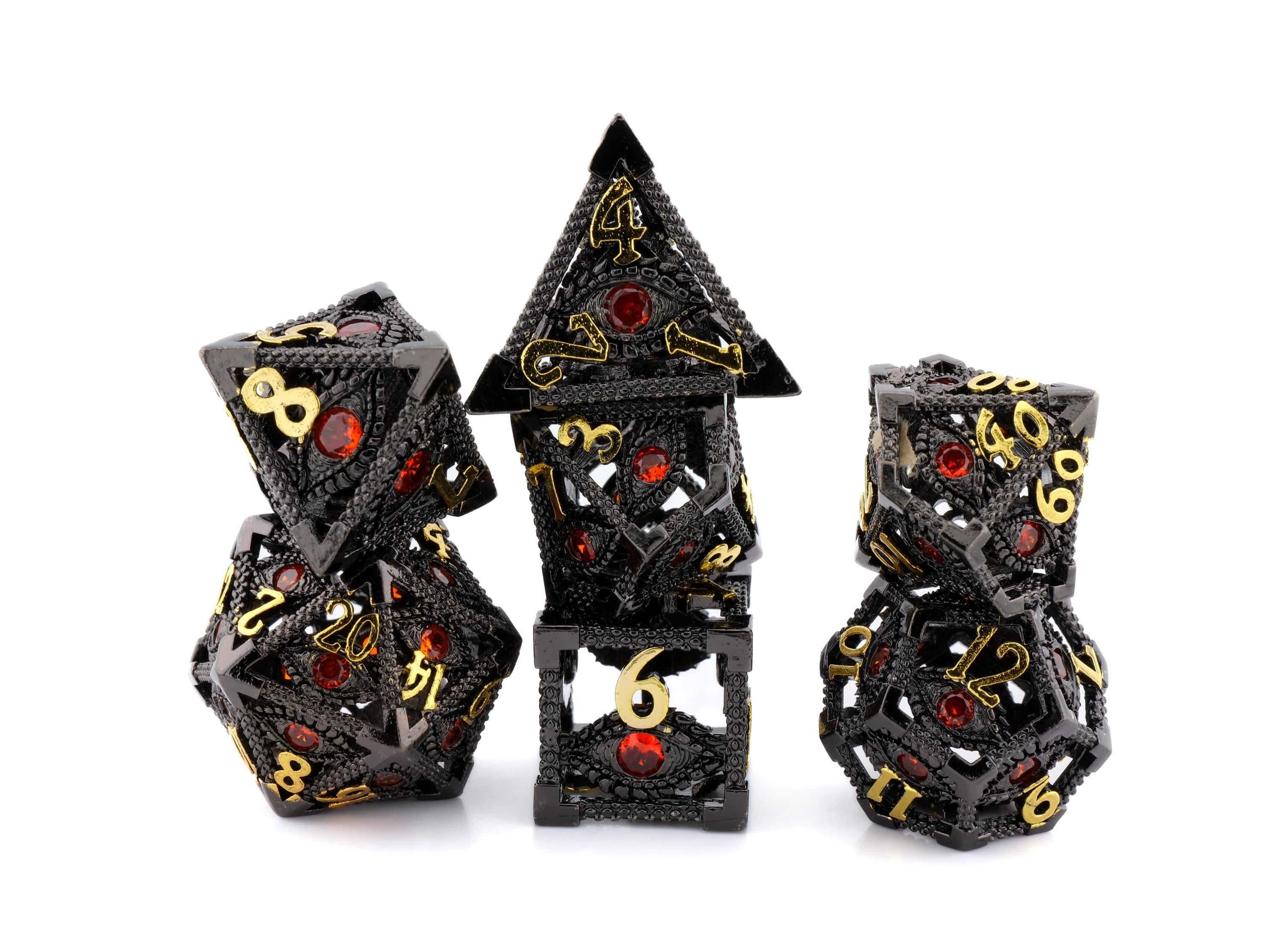 Devil's Eye Hollow Metal DnD Dice Set: 7 Piece Gemstone Infused RPG Dice