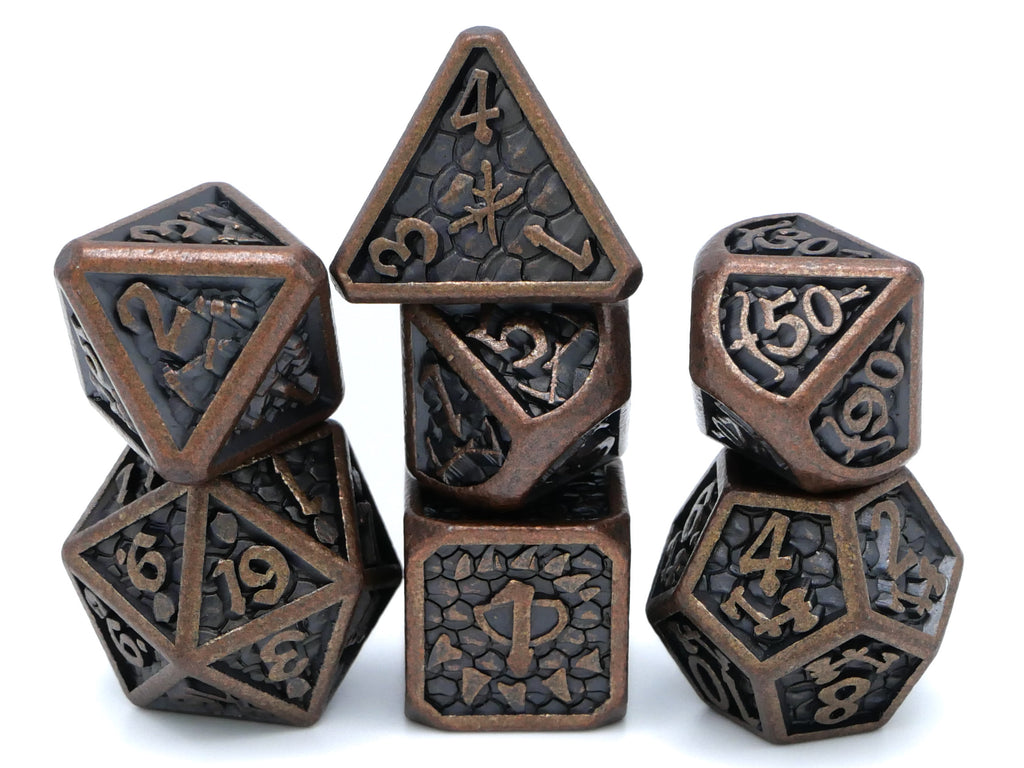 Dragon Forge Metal DnD Dice | 7 Piece RPG Dice Set | Dragon Teeth | Helm and Shield | Dungeons and Dragons | TTRPG | Gamer Gift