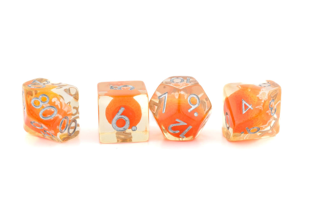 Orange Resin DnD Dice Set: 7 Piece Fruit RPG Dice