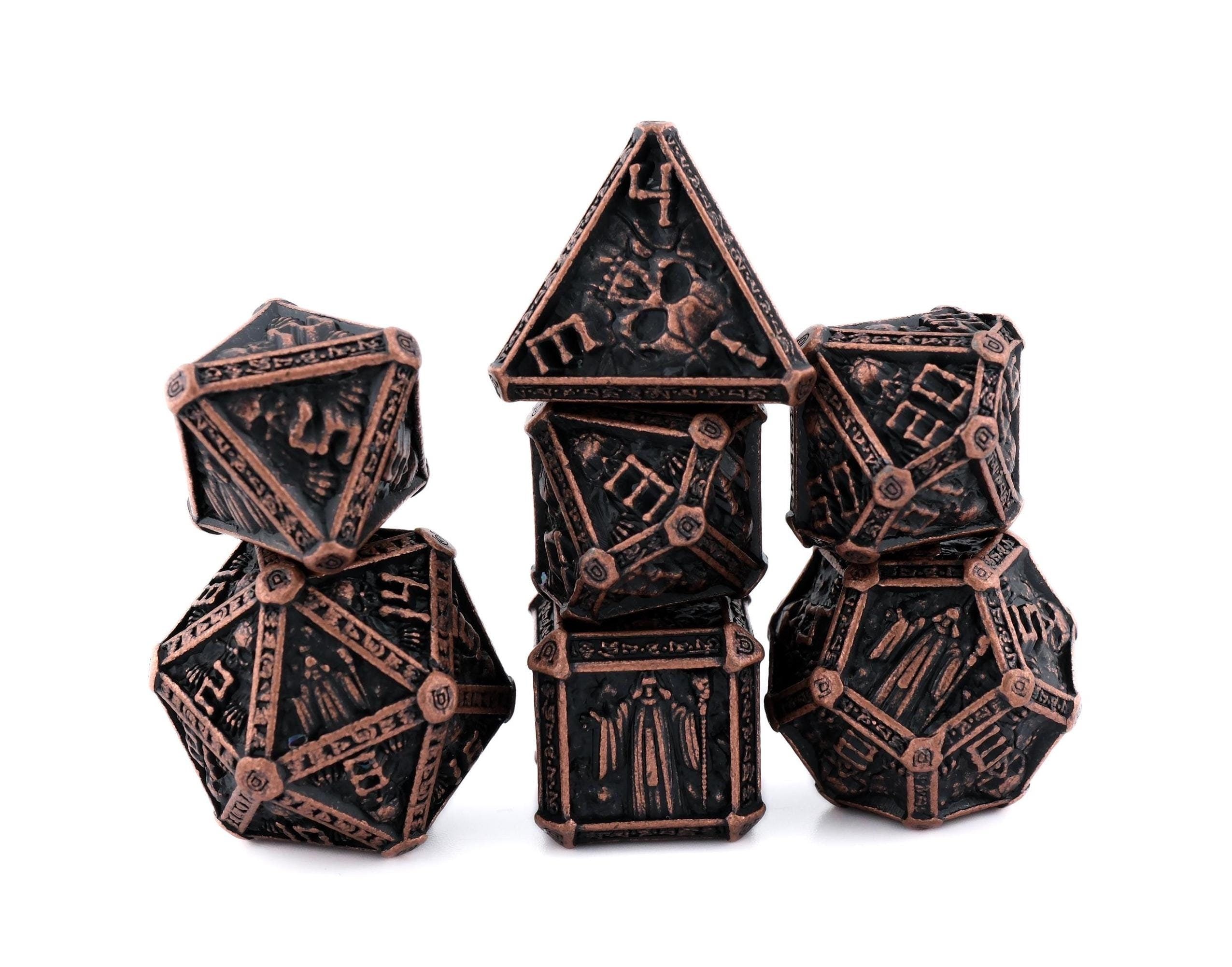Cleric Metal DnD Dice Set: 7 Piece Skulls and Holy Symbols RPG Dice