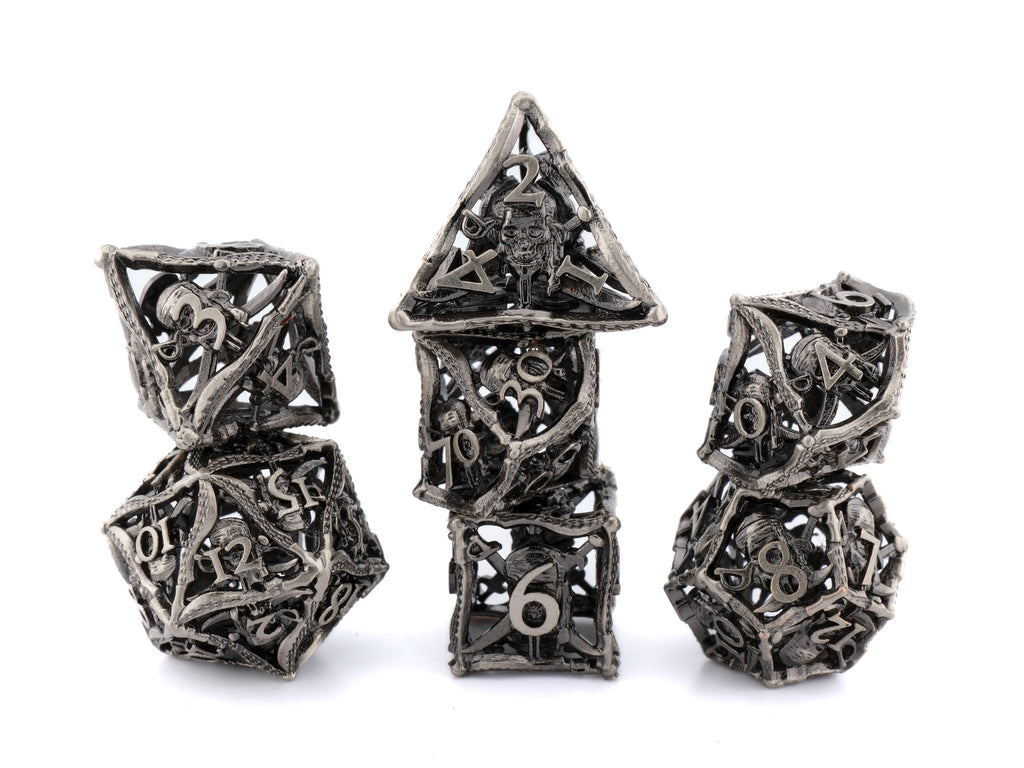 Pirate Hollow Metal DnD Dice Set: 7 Piece Swashbuckler Swords RPG Dice