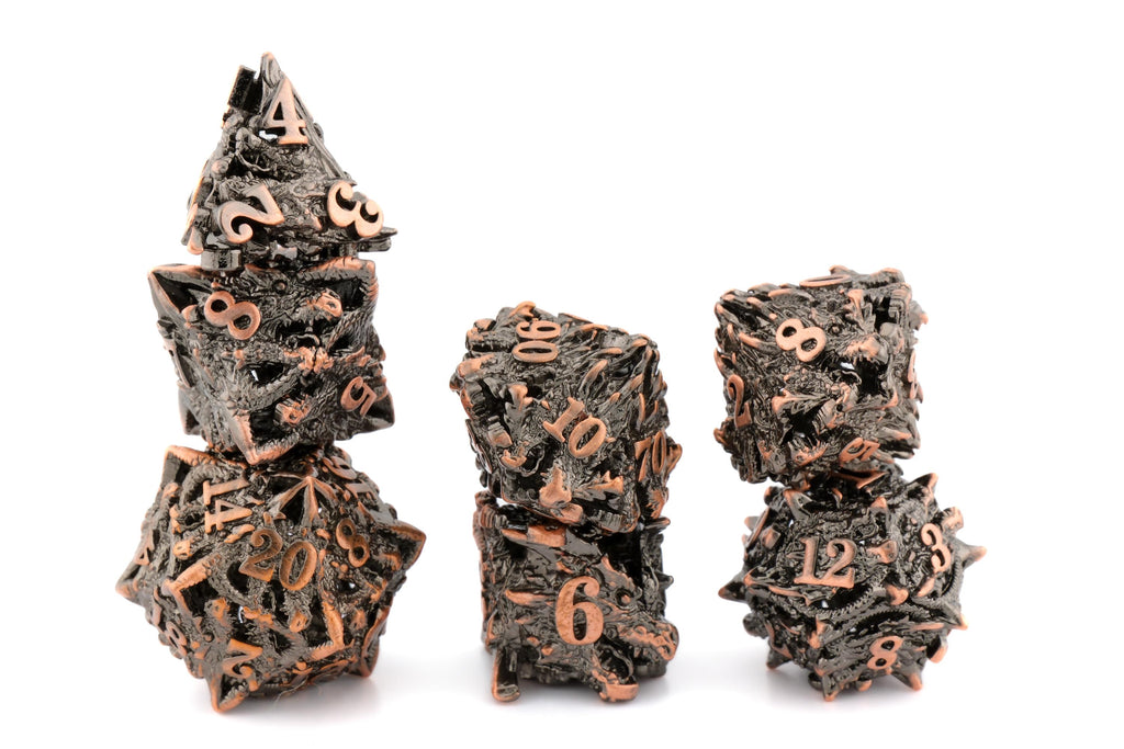 Carved Dragon Head Metal DnD Dice Set - 7-Piece Wyvern RPG Dice