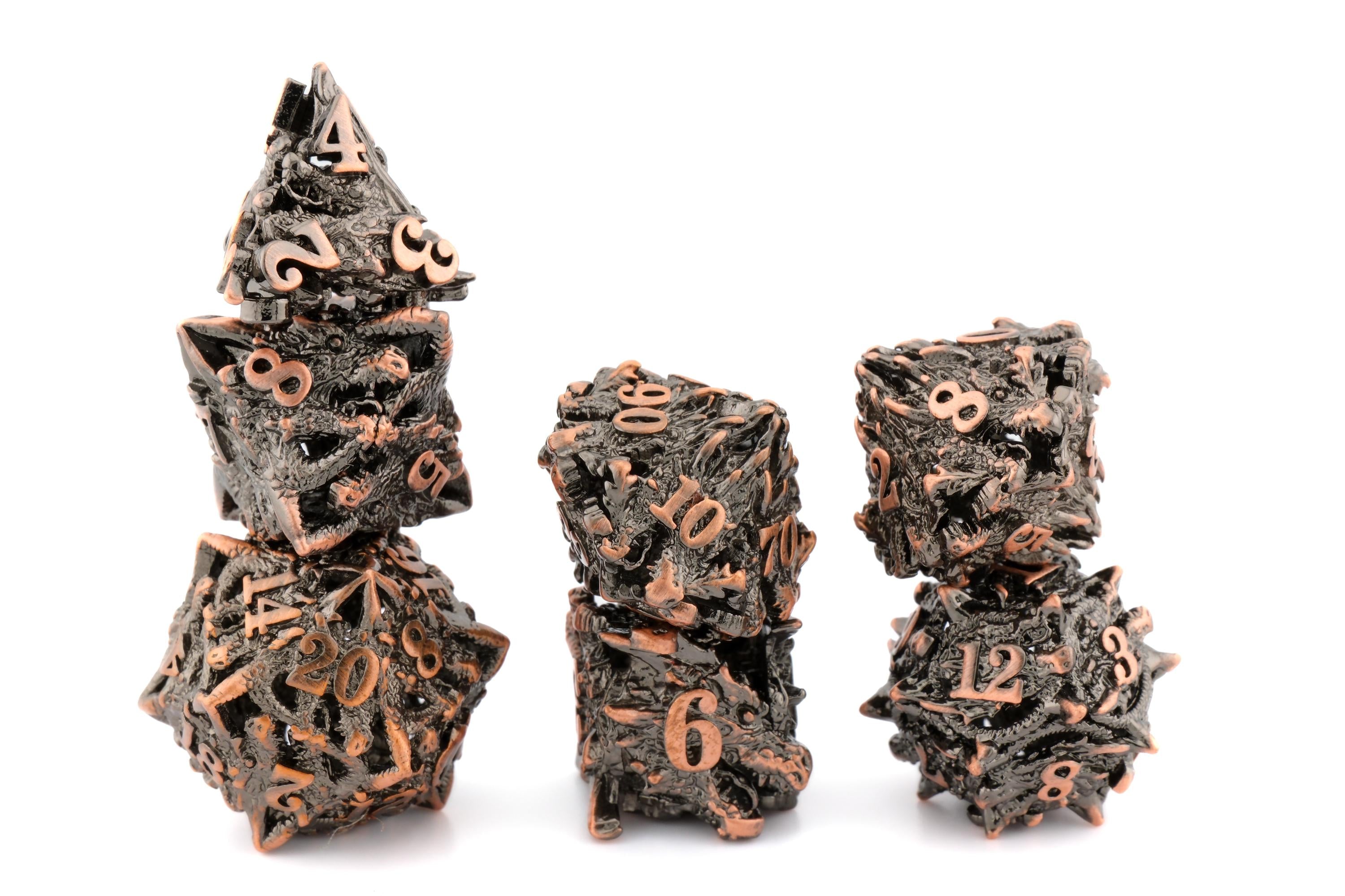 Carved Dragon Head Metal DnD Dice Set - 7-Piece Wyvern RPG Dice