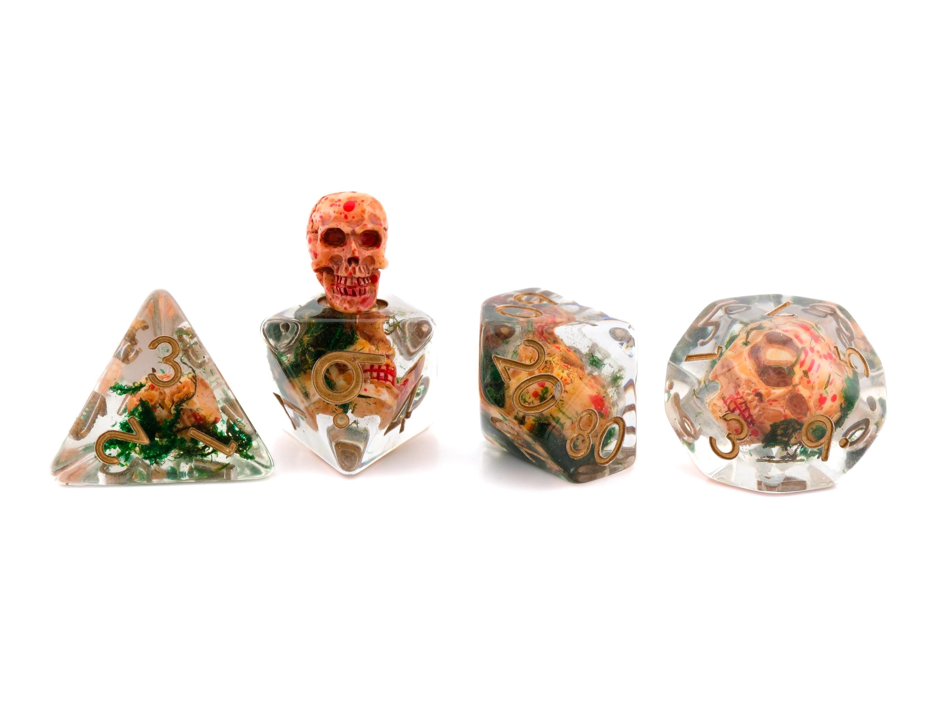 Bloody Skull Resin DnD Dice Set: 7 Piece Mossy Bone  RPG Dice