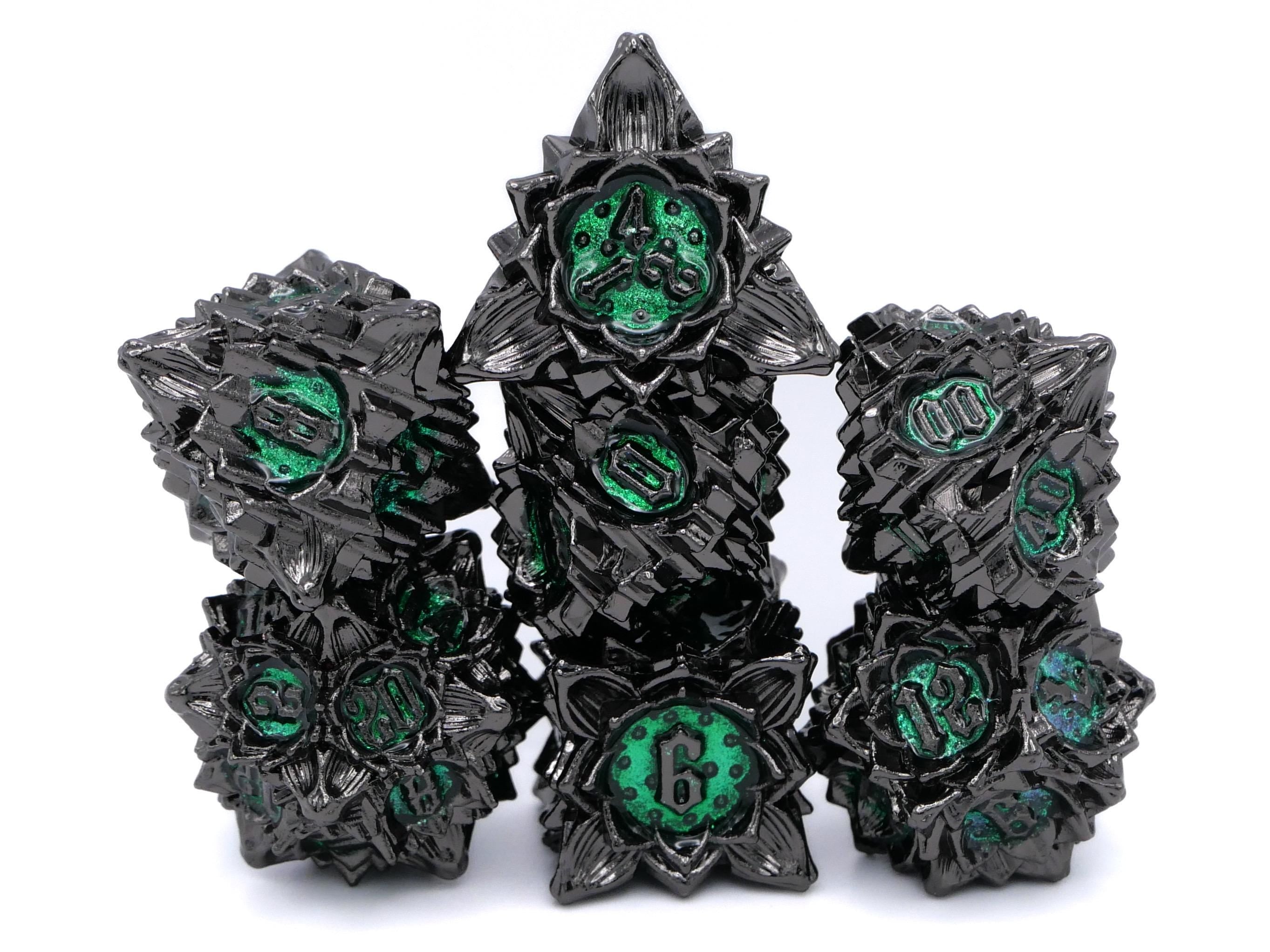 Blooming Flower Metal DnD Dice Set: 7 Piece Plant RPG Dice