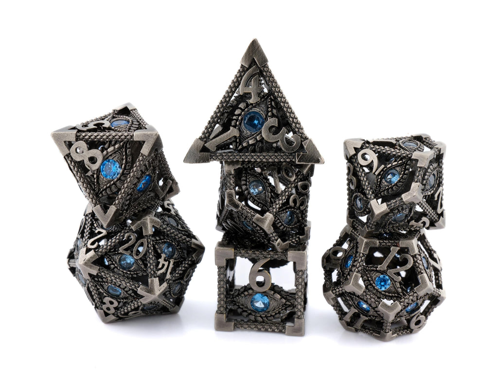 Devil's Eye Hollow Metal DnD Dice Set: 7 Piece Gemstone Infused RPG Dice
