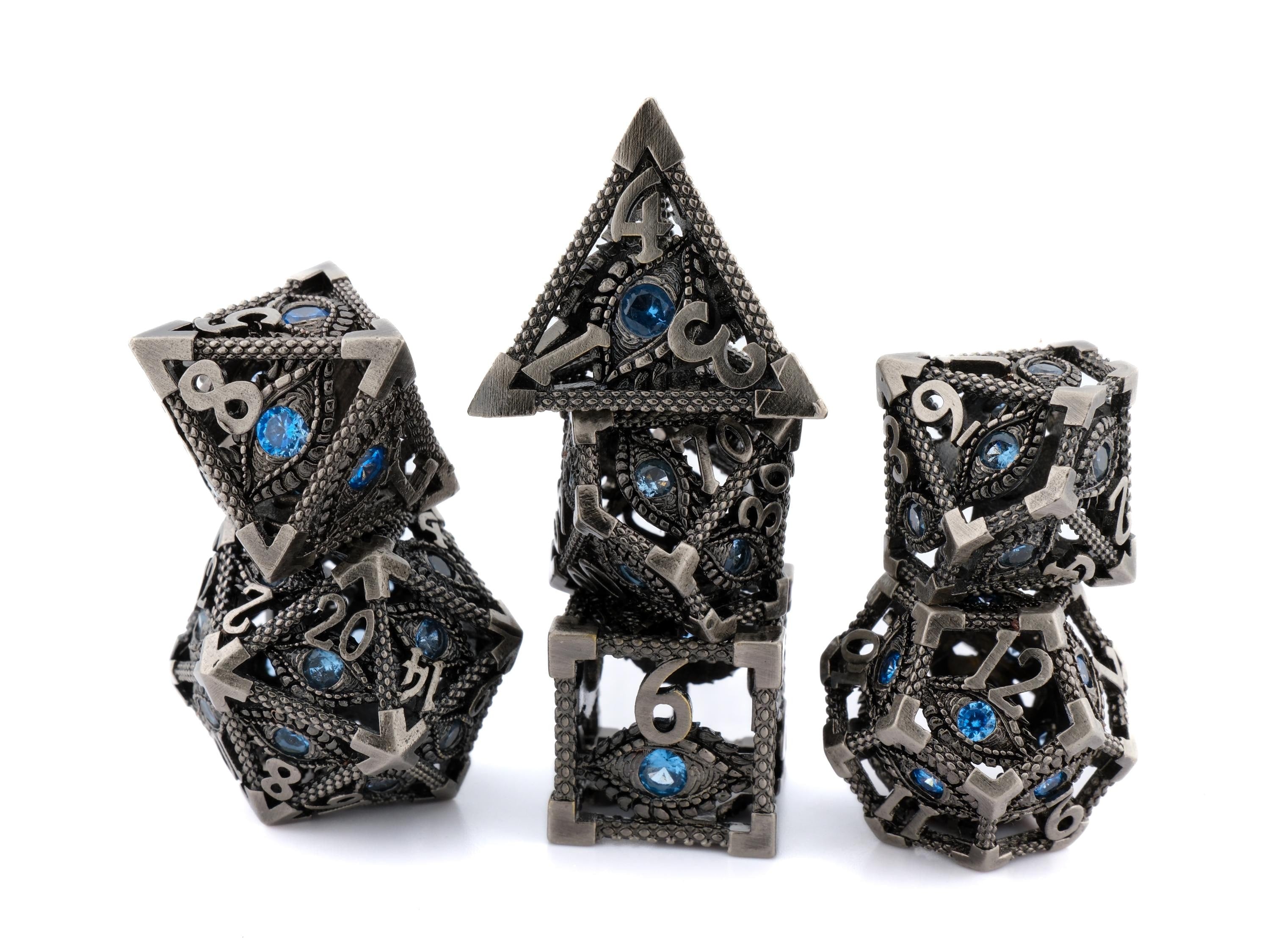 Devil's Eye Hollow Metal DnD Dice Set: 7 Piece Gemstone Infused RPG Dice