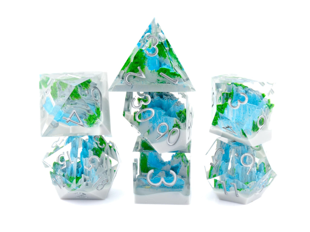 Mountain Waterfall Resin Sharp Edge DnD Dice Set: 7-Piece Nature RPG Dice