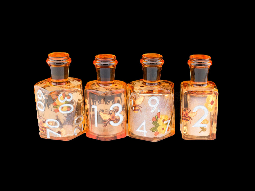 Honey Bee Potion Bottle Resin Liquid Core DnD Dice Set: 7-Piece RPG Dice