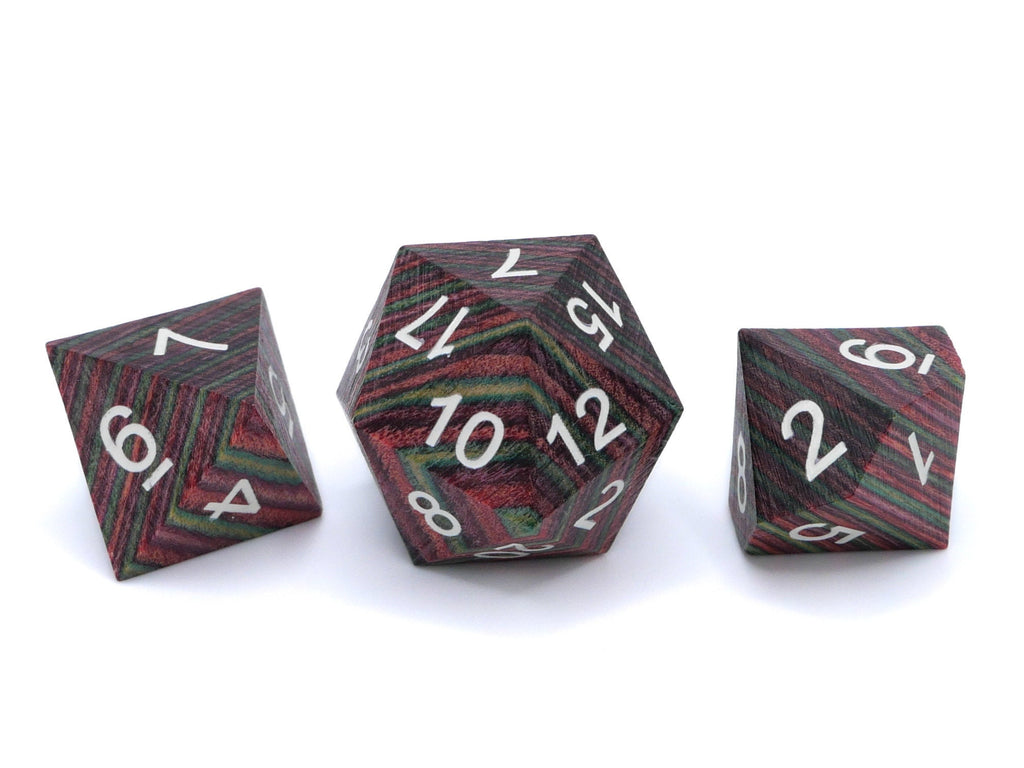 Rainbow Wood DnD Dice Set: 7 Piece Painted Numbers RPG Dice