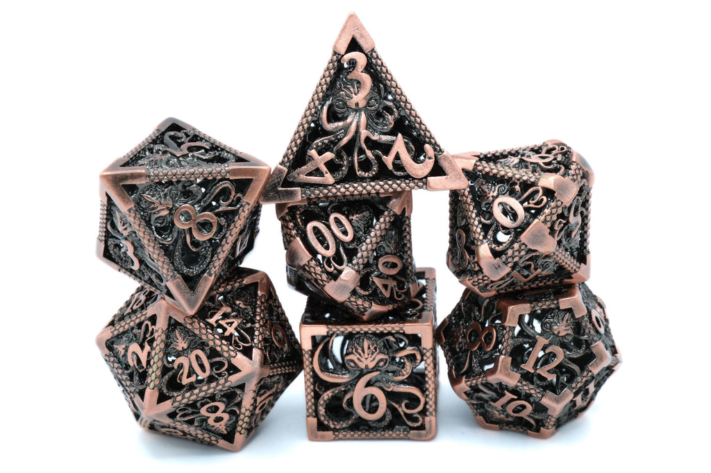 Octopus Hollow Metal DnD Dice Set: 7-Piece Oceanic Cthulhu RPG Dice