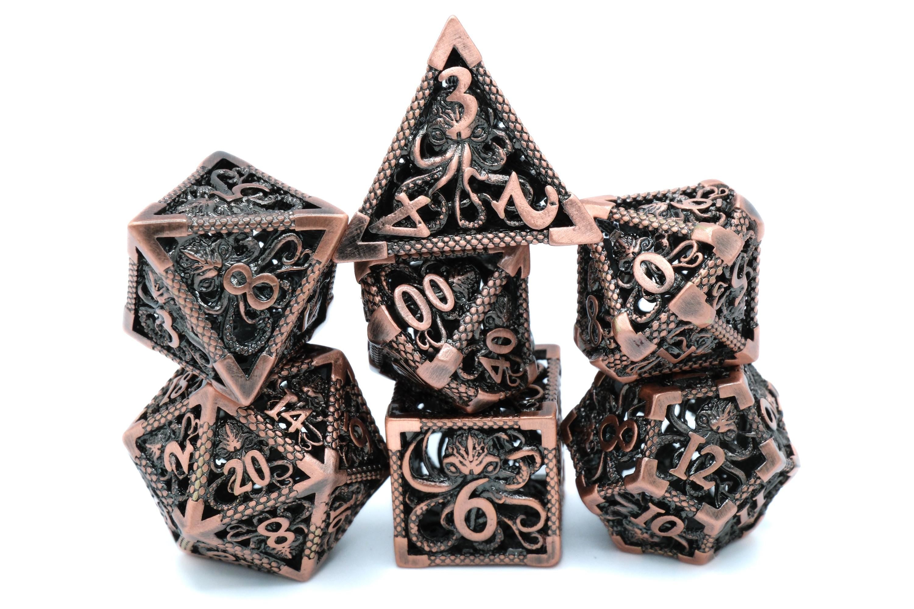Octopus Hollow Metal DnD Dice Set: 7-Piece Oceanic Cthulhu RPG Dice
