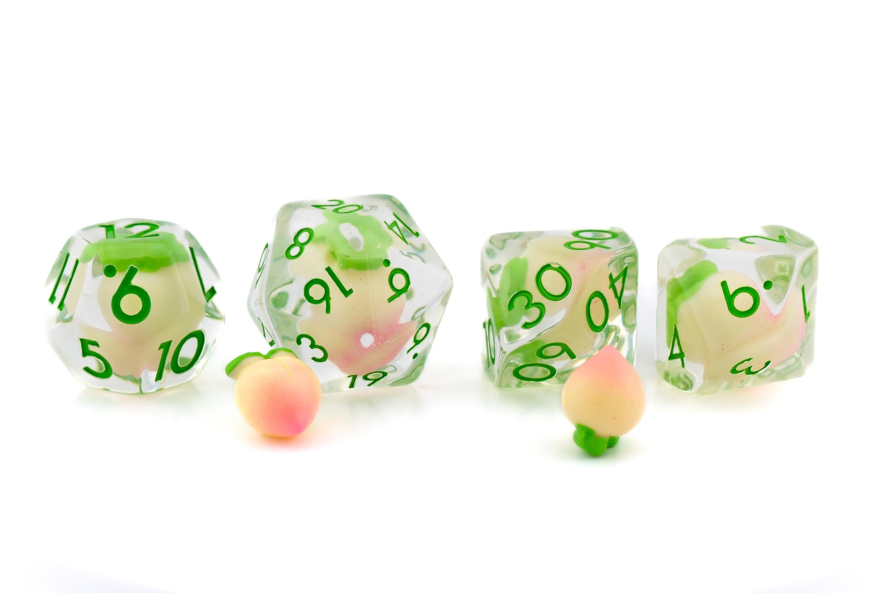 Peach Resin DnD Dice Set: 7-Piece Pink Fruit RPG Dice