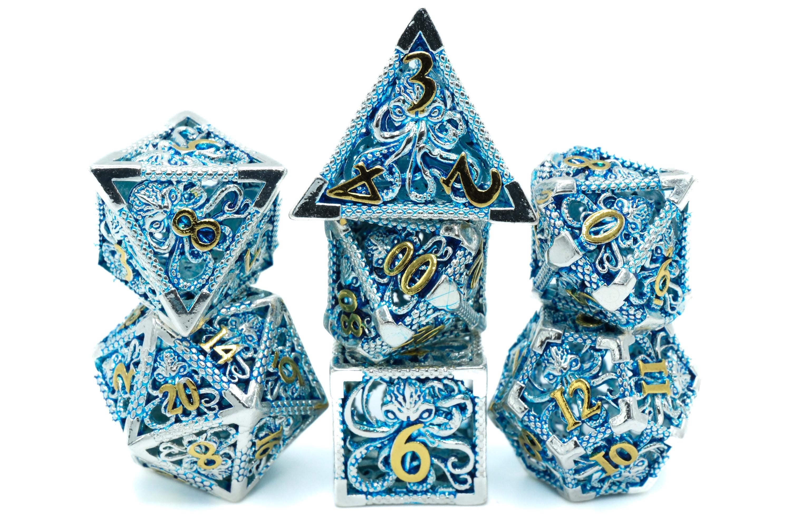 Octopus Hollow Metal DnD Dice Set: 7-Piece Oceanic Cthulhu RPG Dice