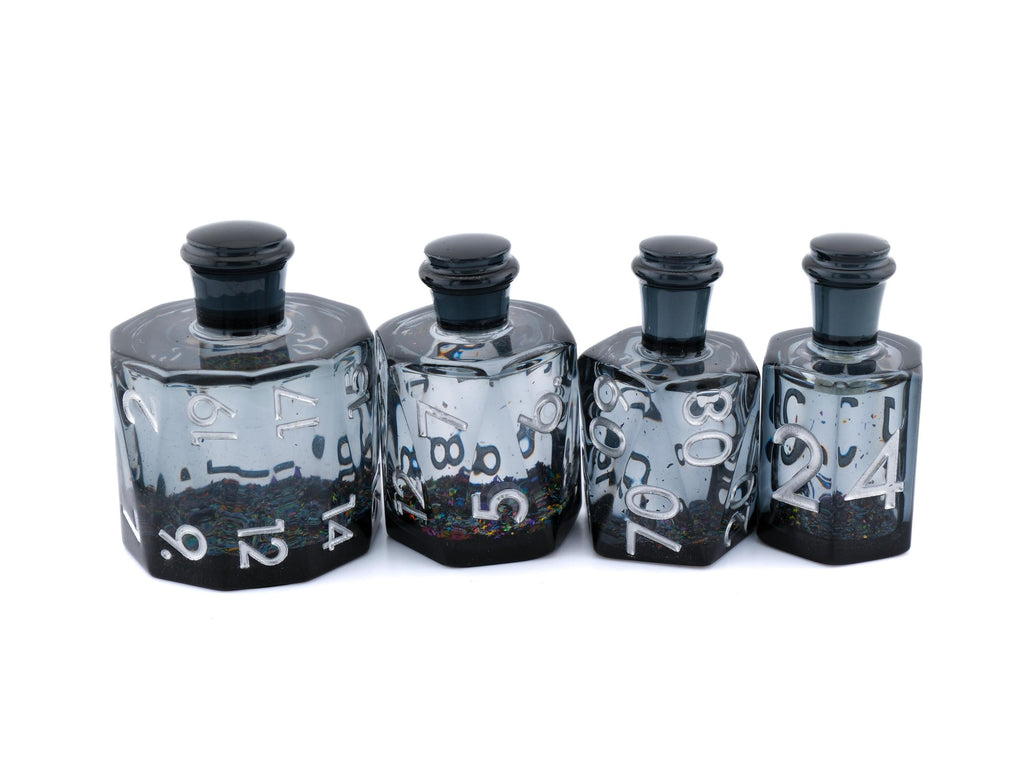 Onyx Potion Bottle Resin Liquid Core DnD Dice Set: 7-Piece Void RPG Dice