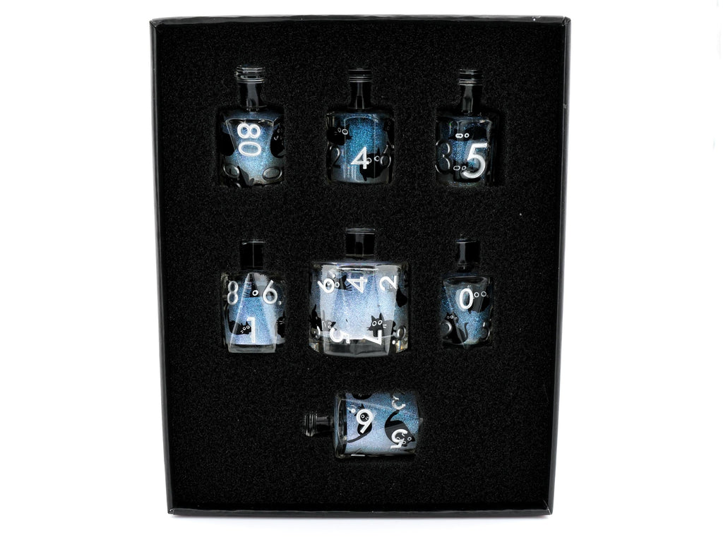 Cat Potion Bottle Liquid Core DnD Dice Set | 7 Piece RPG Dice | Black Kitty | Magical Liquid | Dungeons & Dragons | Tabletop RPG | Nerdy Gif