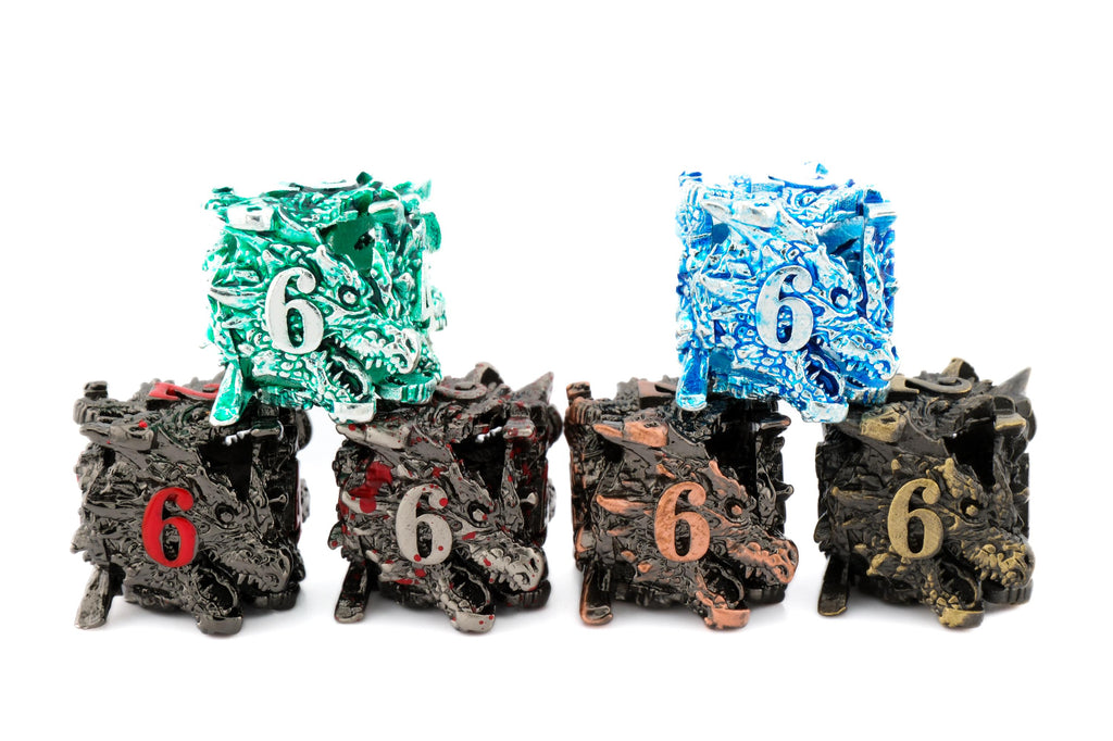 Carved Dragon Head Metal DnD Dice Set - 7-Piece Wyvern RPG Dice