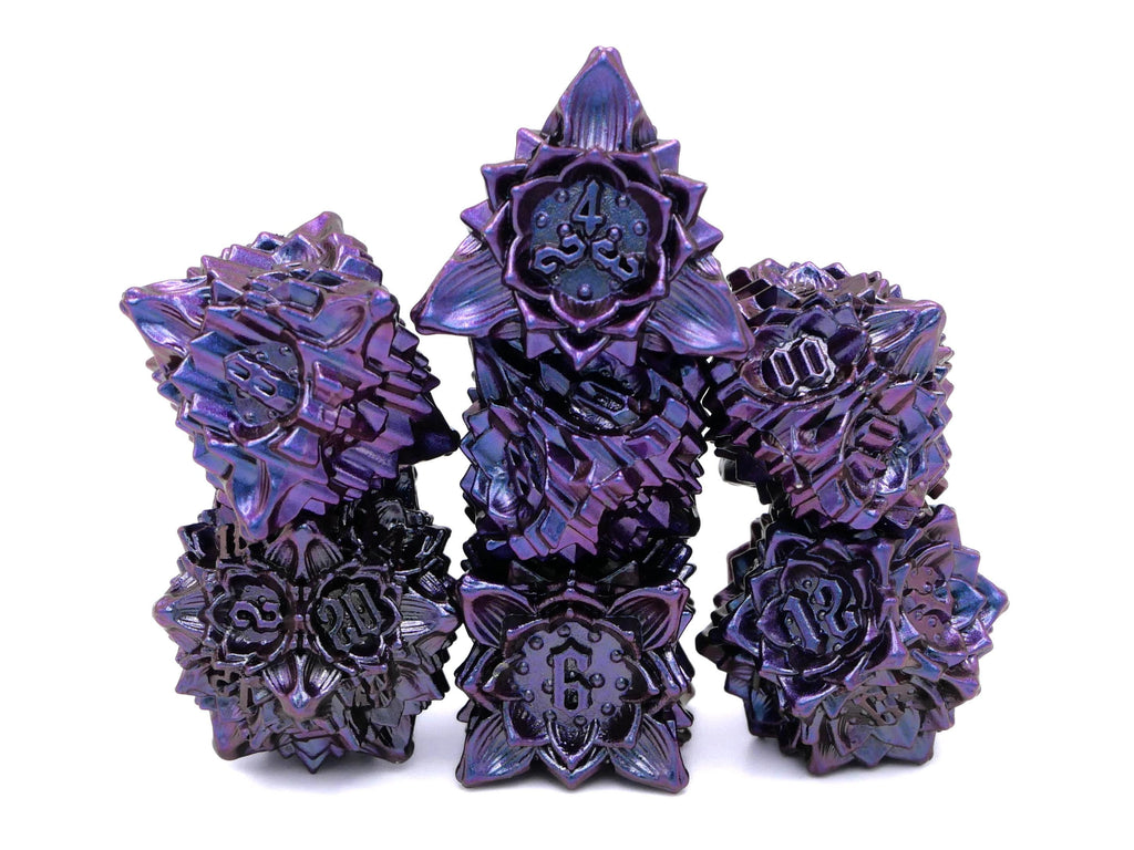 Blooming Flower Metal DnD Dice Set: 7 Piece Plant RPG Dice