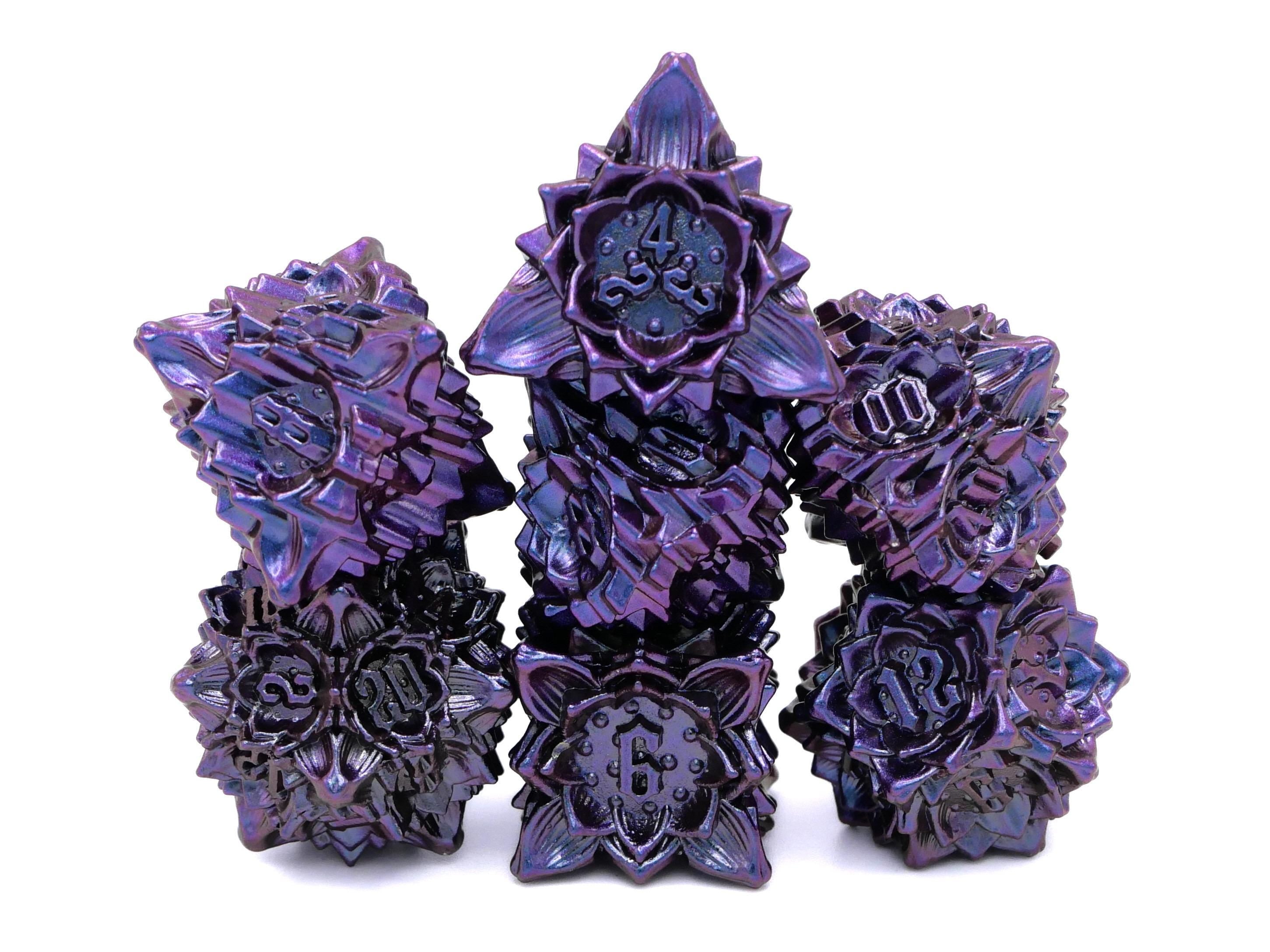 Blooming Flower Metal DnD Dice Set: 7 Piece Plant RPG Dice