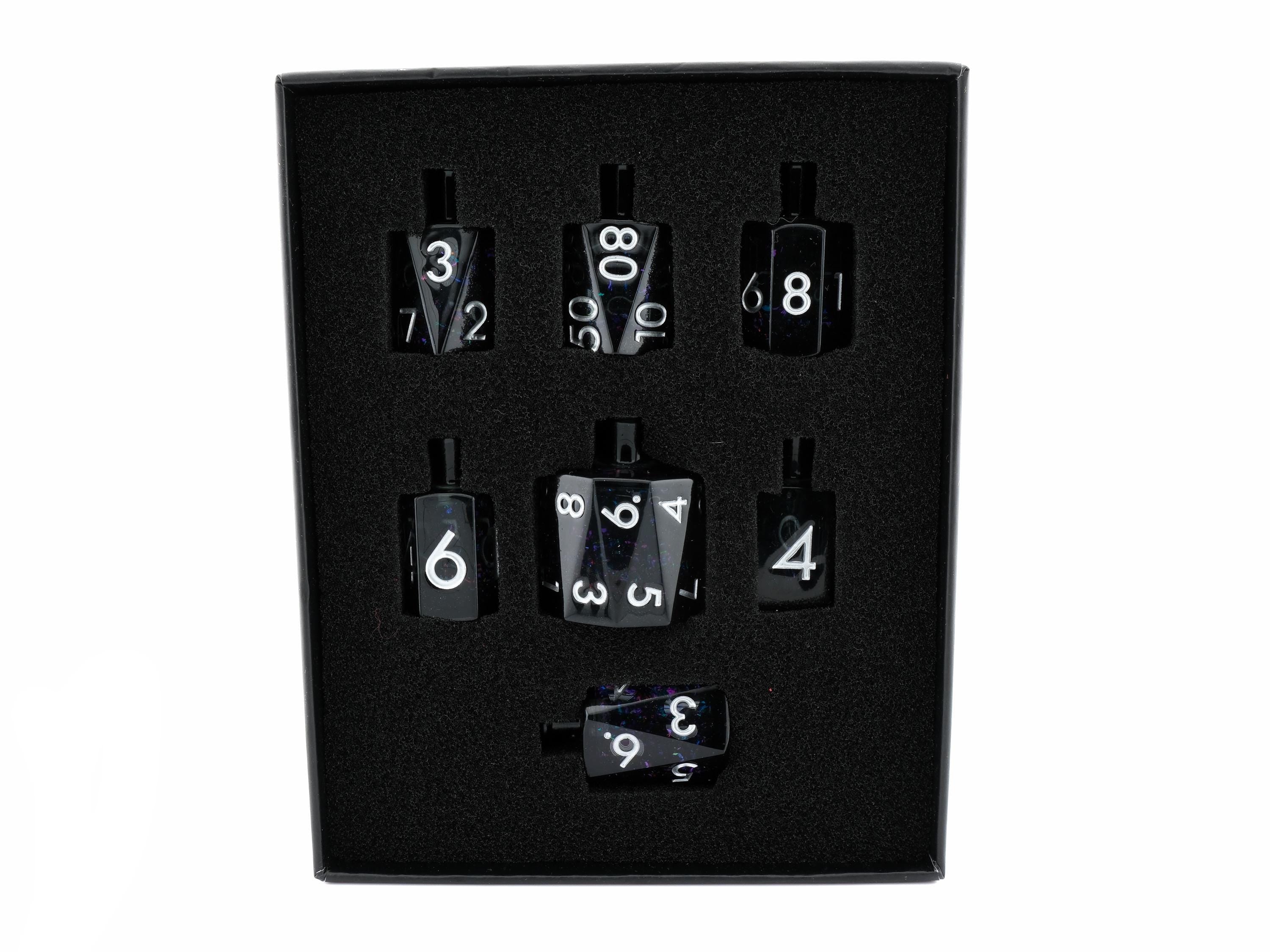 Onyx Potion Bottle Resin Liquid Core DnD Dice Set: 7-Piece Void RPG Dice