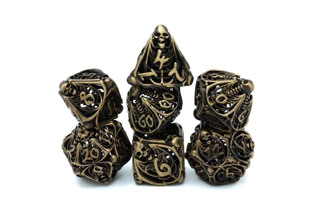 Skull and Bones Hollow Metal DnD Dice Set: 7 Piece Skeleton RPG Dice