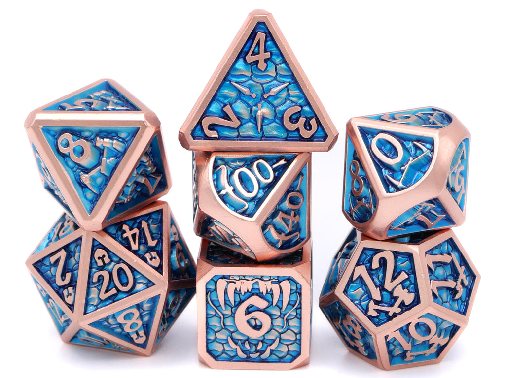 Dragon Forge Metal DnD Dice | 7 Piece RPG Dice Set | Dragon Teeth | Helm and Shield | Dungeons and Dragons | TTRPG | Gamer Gift