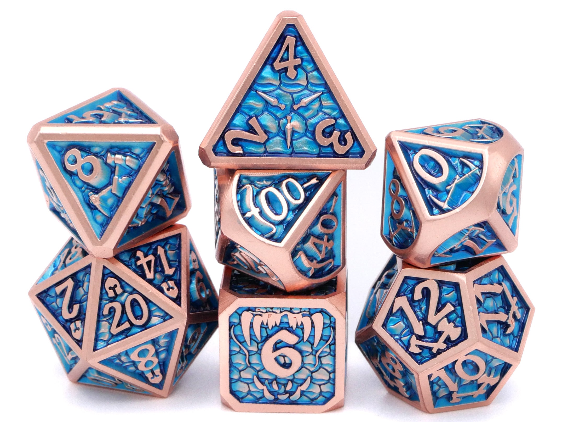 Dragon Forge Metal DnD Dice | 7 Piece RPG Dice Set | Dragon Teeth | Helm and Shield | Dungeons and Dragons | TTRPG | Gamer Gift