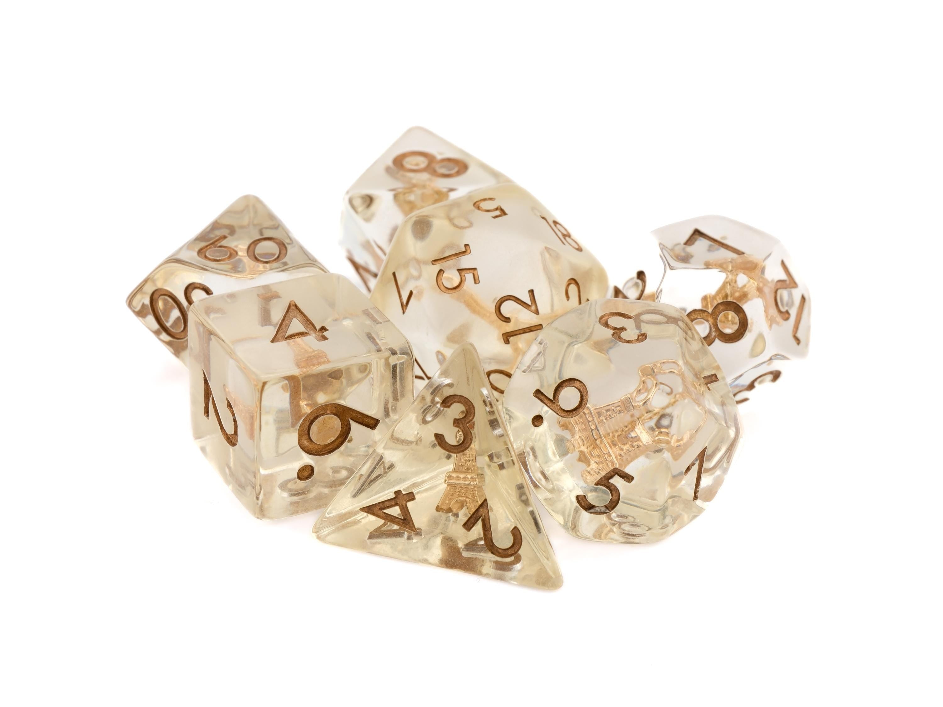 Eiffel Tower Resin DnD Dice Set: 7 Piece Paris Architecture RPG Dice