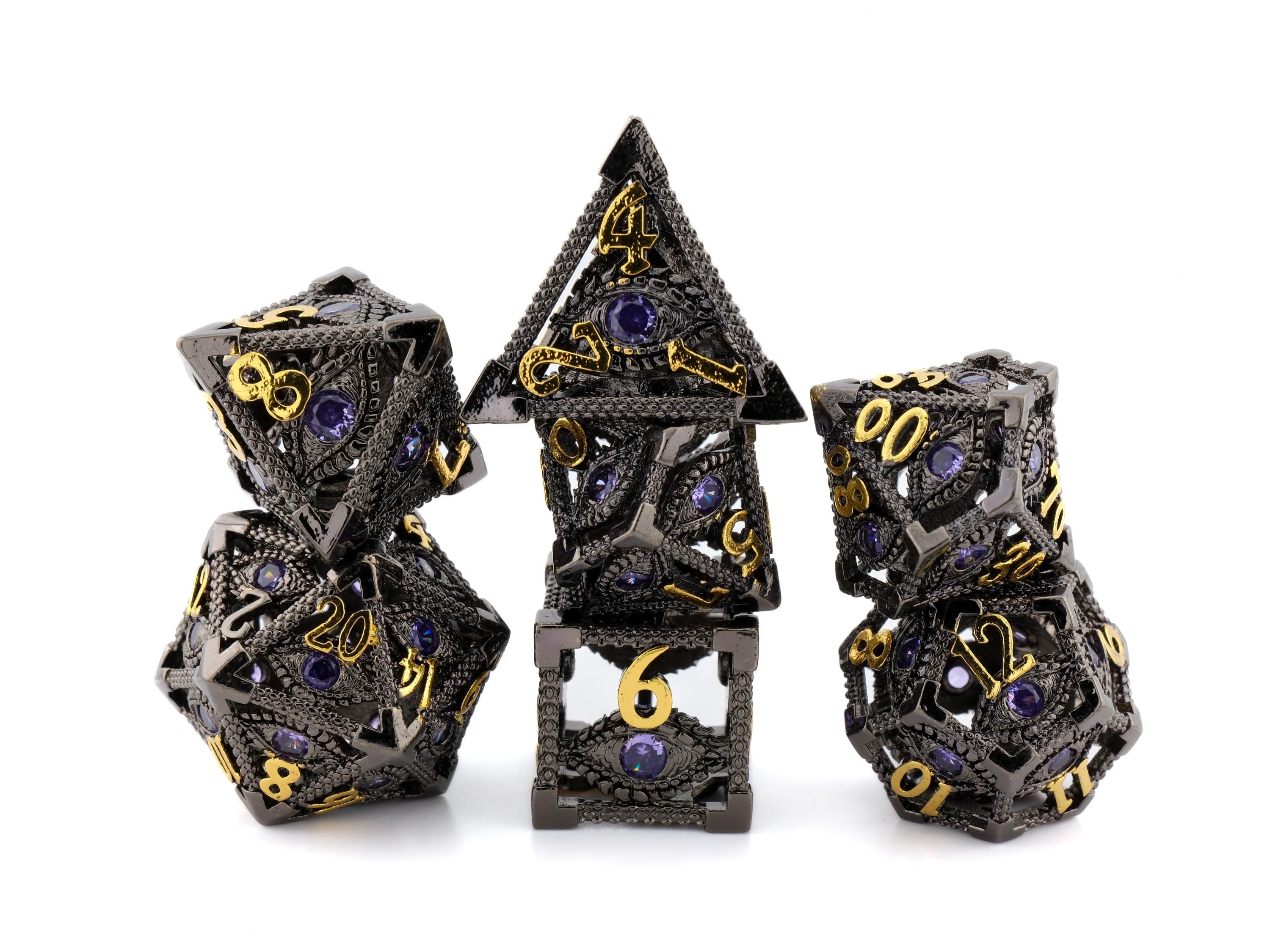 Devil's Eye Hollow Metal DnD Dice Set: 7 Piece Gemstone Infused RPG Dice