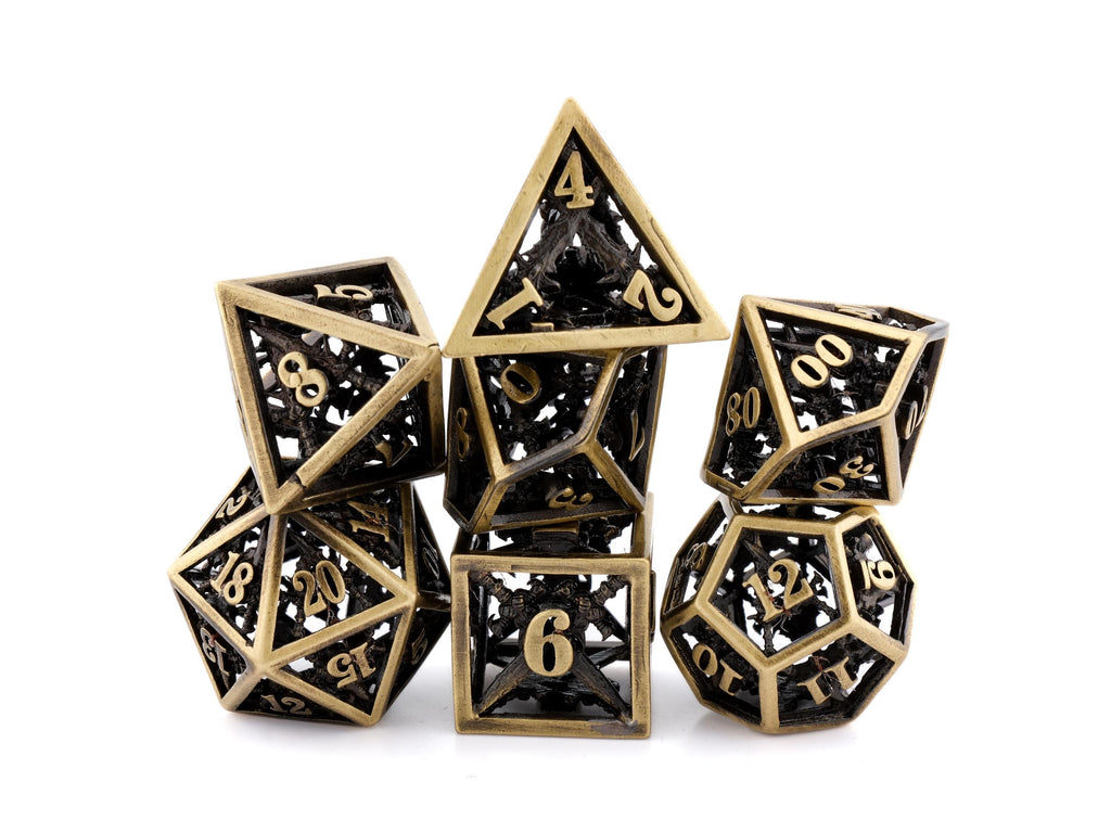 Dueling Blades Hollow Metal DnD Dice Set: 7 Piece Crossed Swords RPG Dice